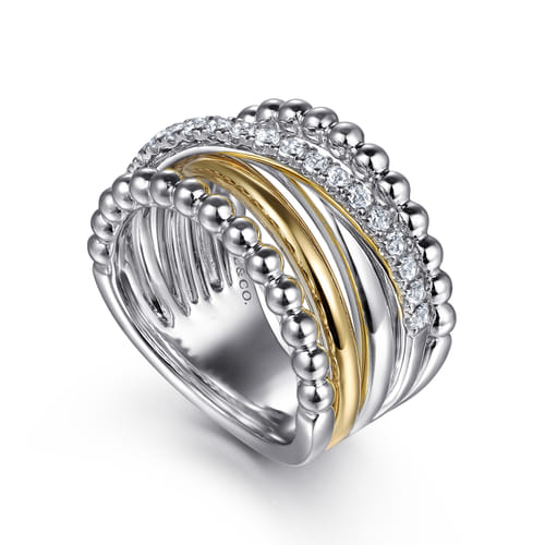 925 Sterling Silver and 14K Yellow Gold White Sapphire Wide Band Ring-Bujukan