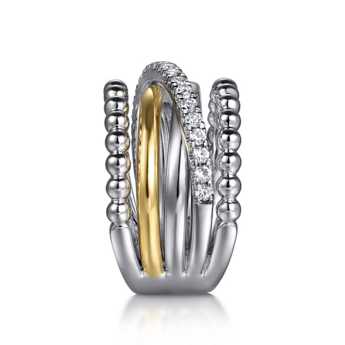 925 Sterling Silver and 14K Yellow Gold White Sapphire Wide Band Ring-Bujukan