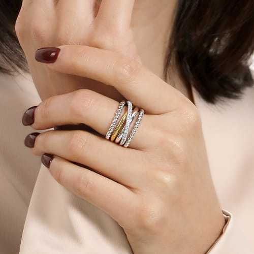 925 Sterling Silver and 14K Yellow Gold White Sapphire Wide Band Ring-Bujukan