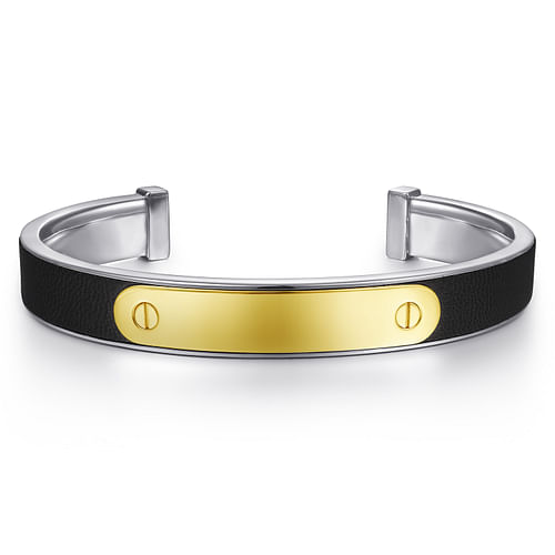 925 Sterling Silver and 14K Yellow Gold and Leather Open ID Bracelet