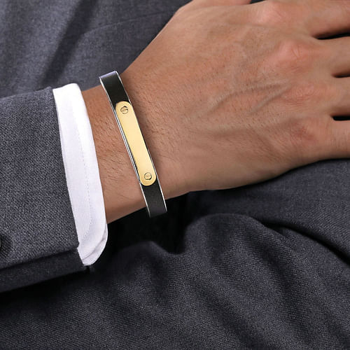 925 Sterling Silver and 14K Yellow Gold and Leather Open ID Bracelet