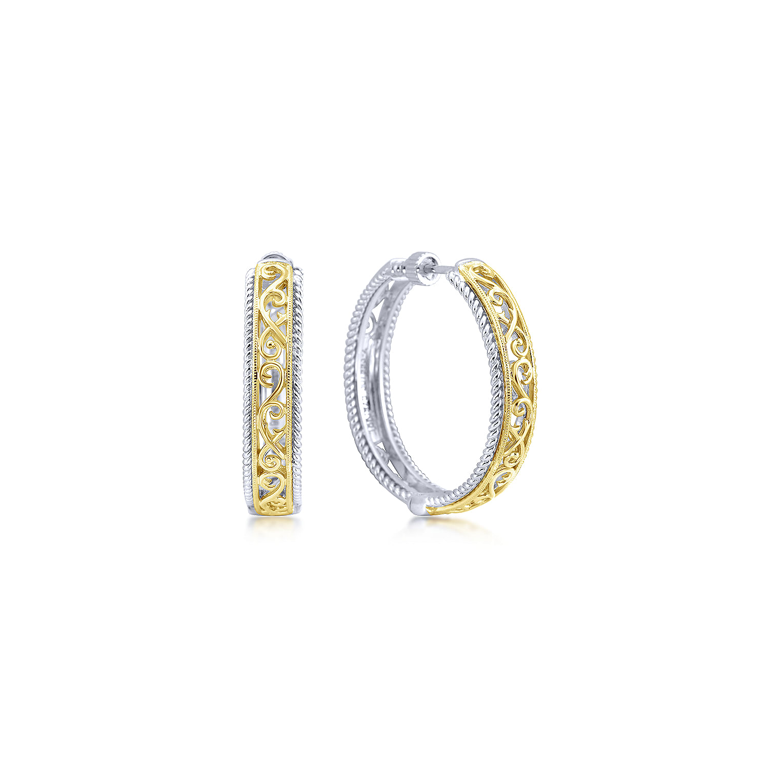 925 Sterling Silver and 18K Yellow Gold 30mm Round Classic Diamond Hoop Earrings