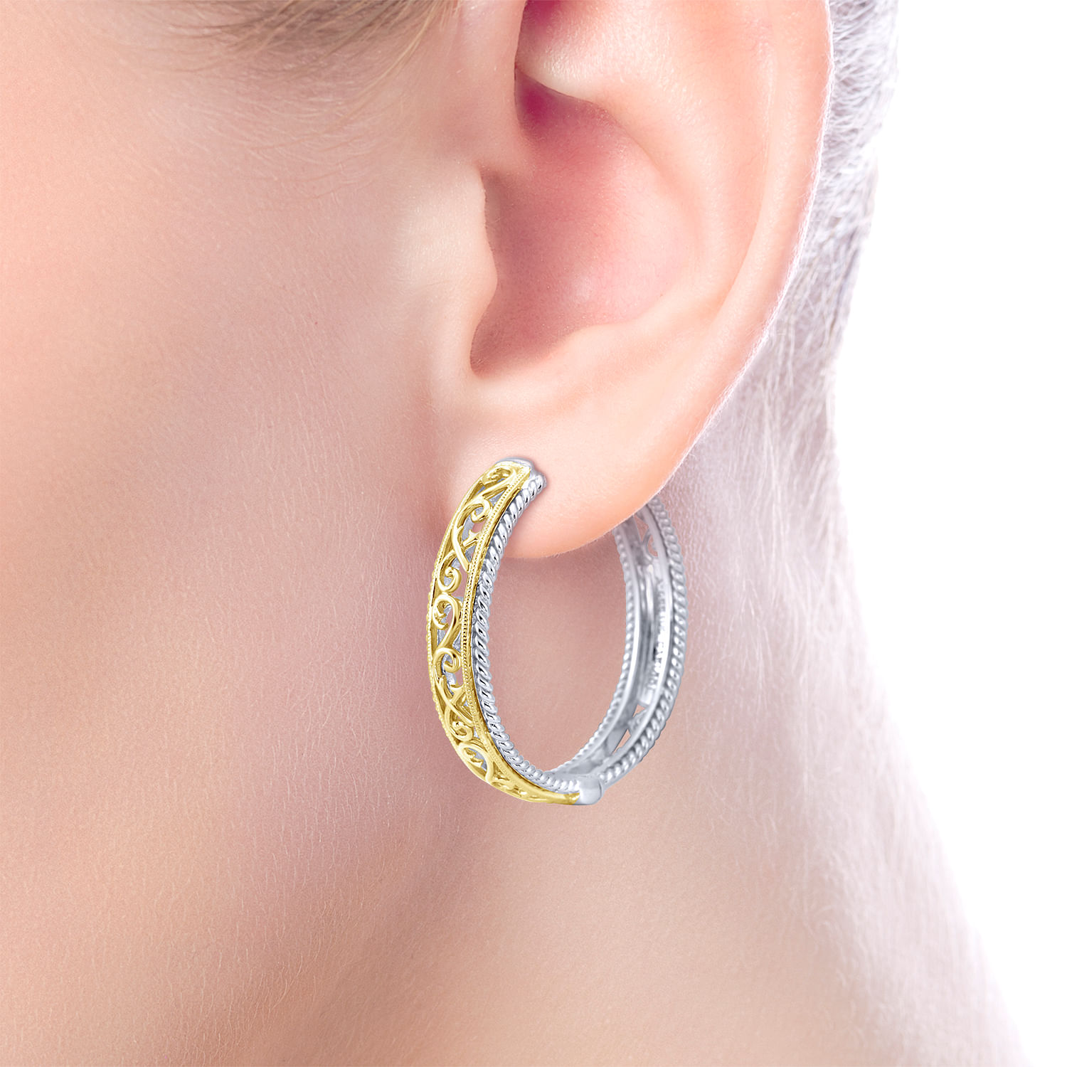 925 Sterling Silver and 18K Yellow Gold 30mm Round Classic Diamond Hoop Earrings