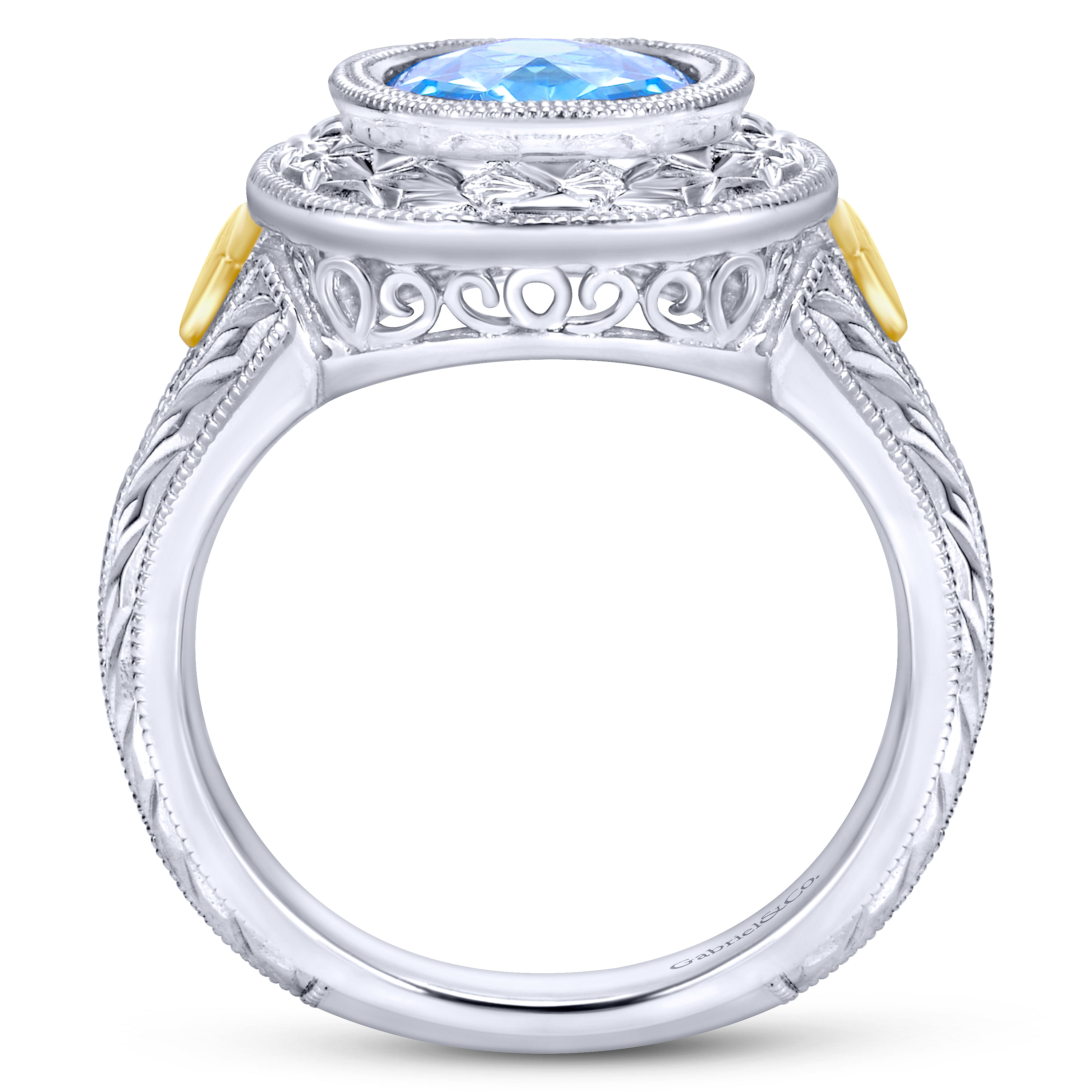 925 Sterling Silver and 18K Yellow Gold Oval Blue Topaz Ring