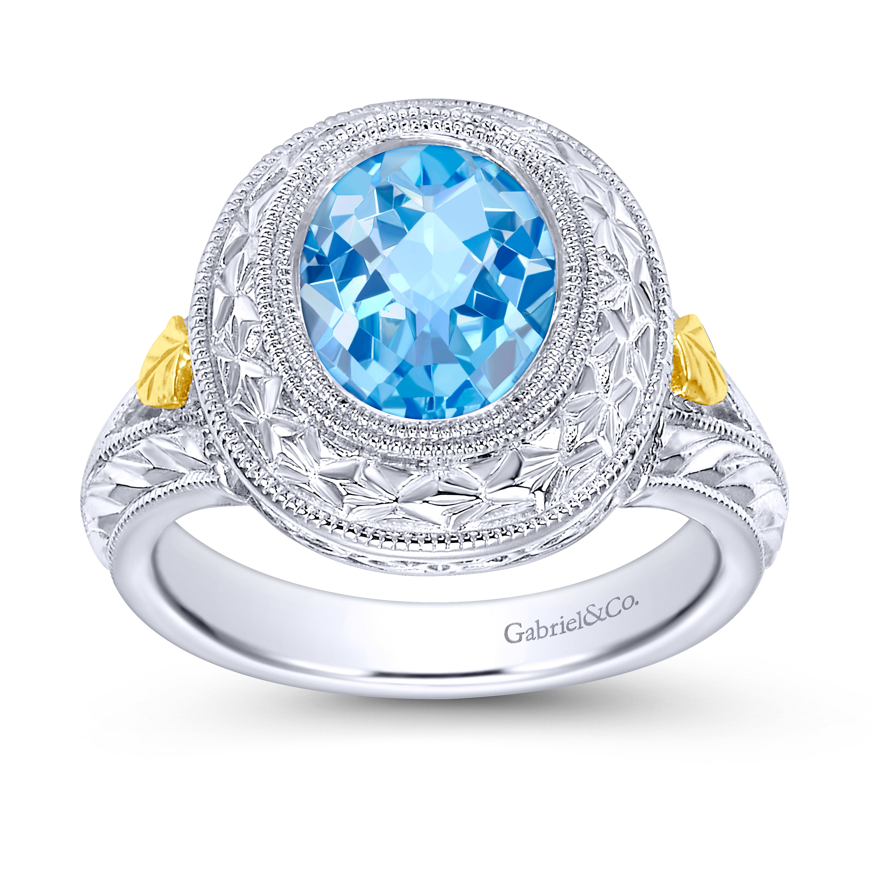 925 Sterling Silver and 18K Yellow Gold Oval Blue Topaz Ring