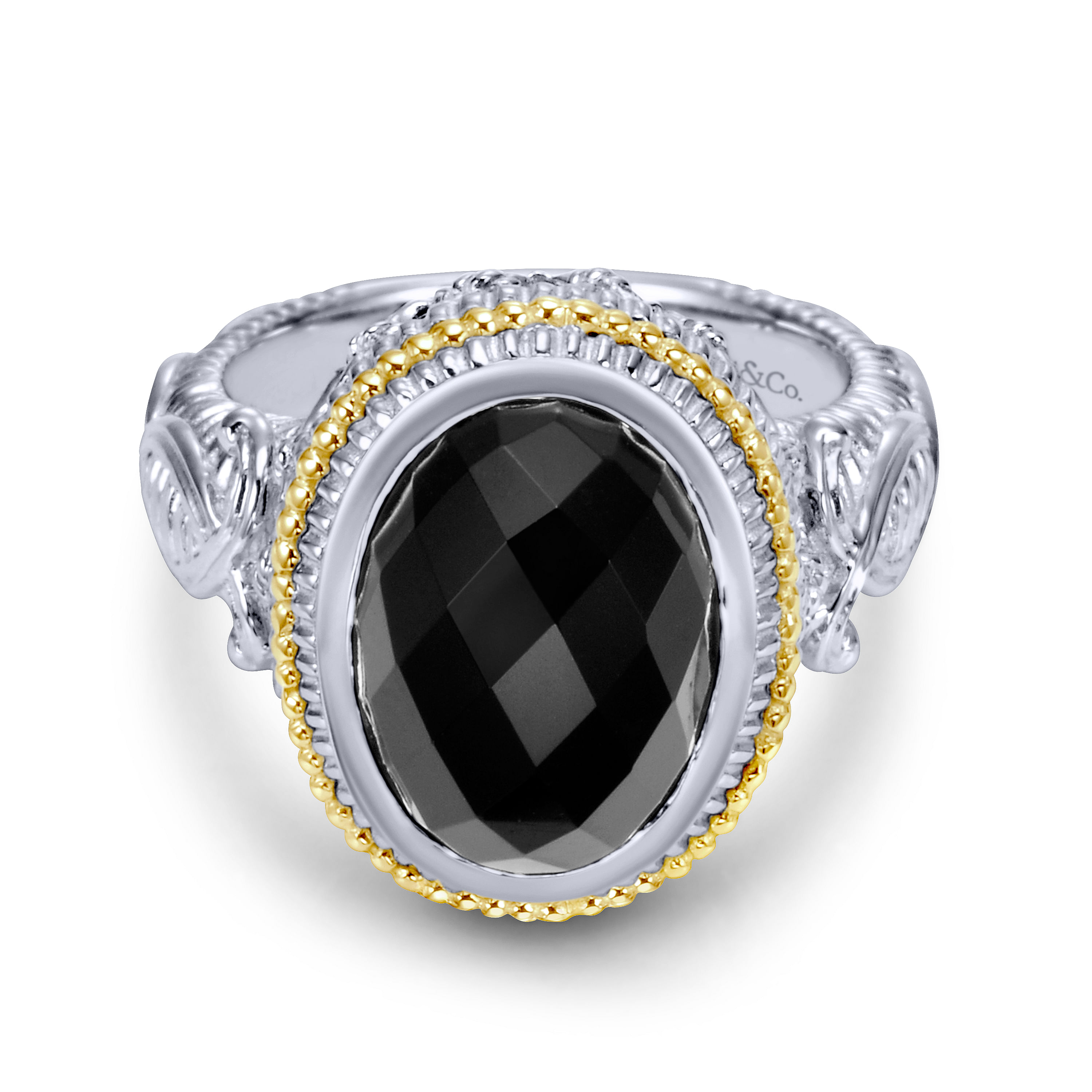 925 Sterling Silver and 18K Yellow Gold Oval Onyx Ring
