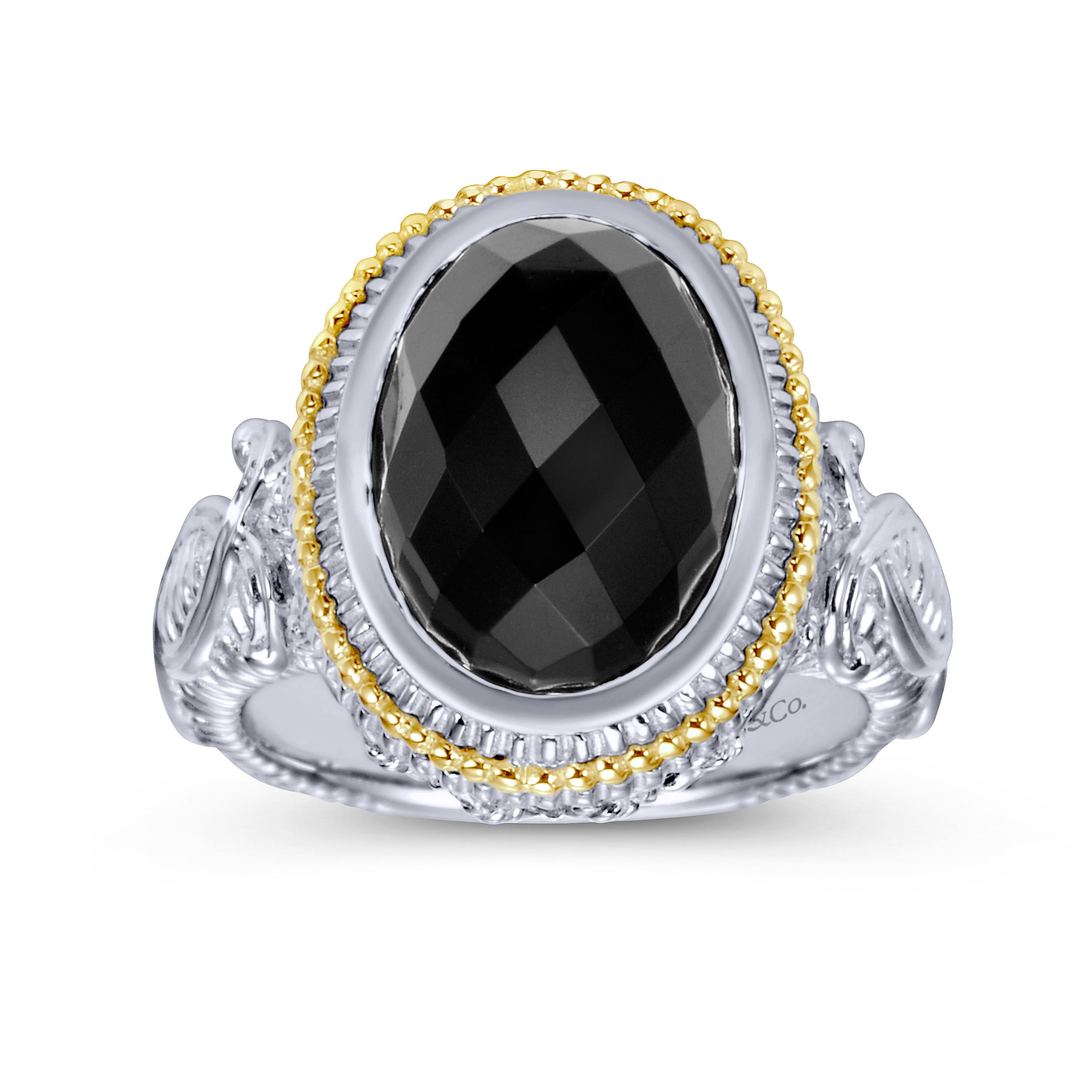 925 Sterling Silver and 18K Yellow Gold Oval Onyx Ring