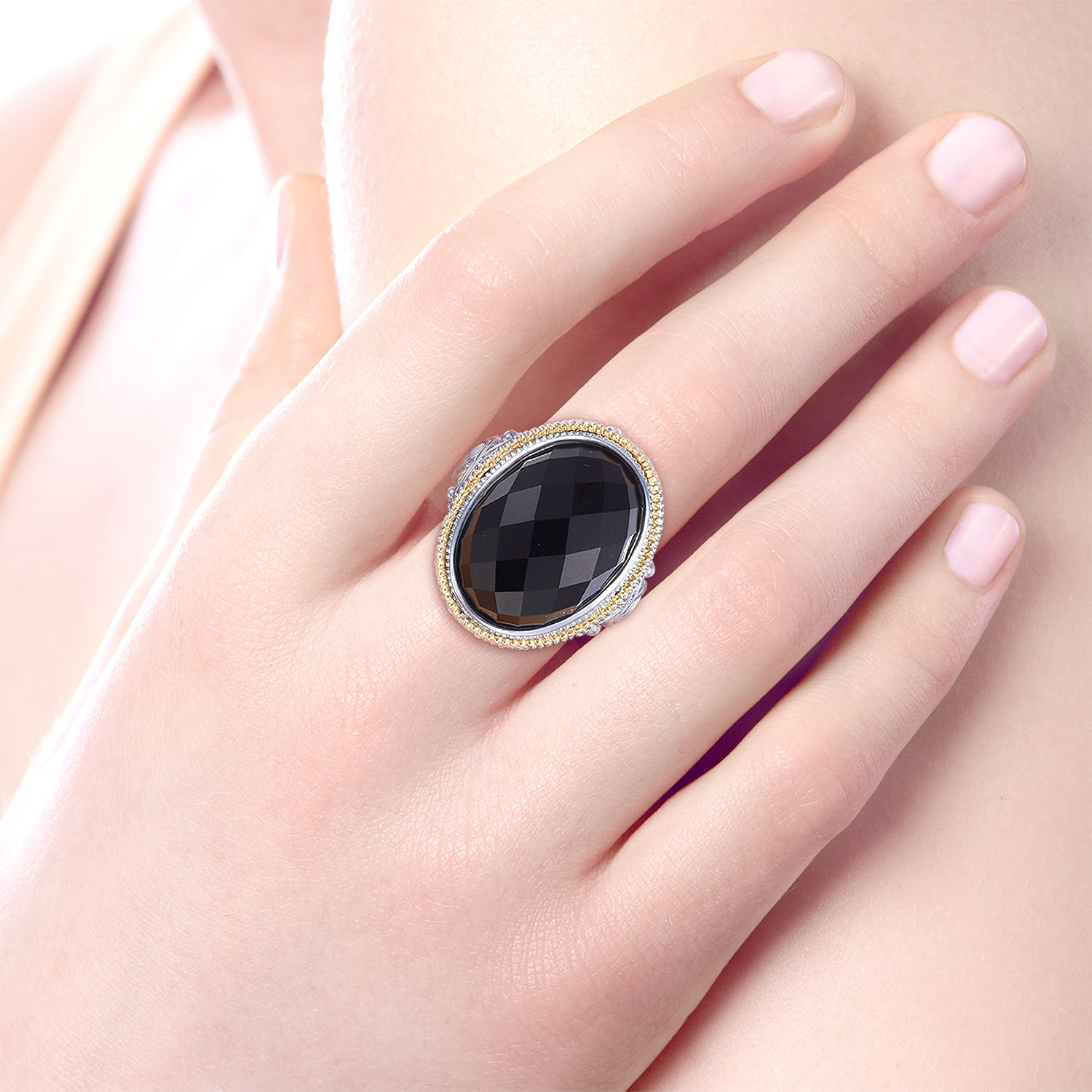 925 Sterling Silver and 18K Yellow Gold Oval Rock Crystal/Black Onyx Ring