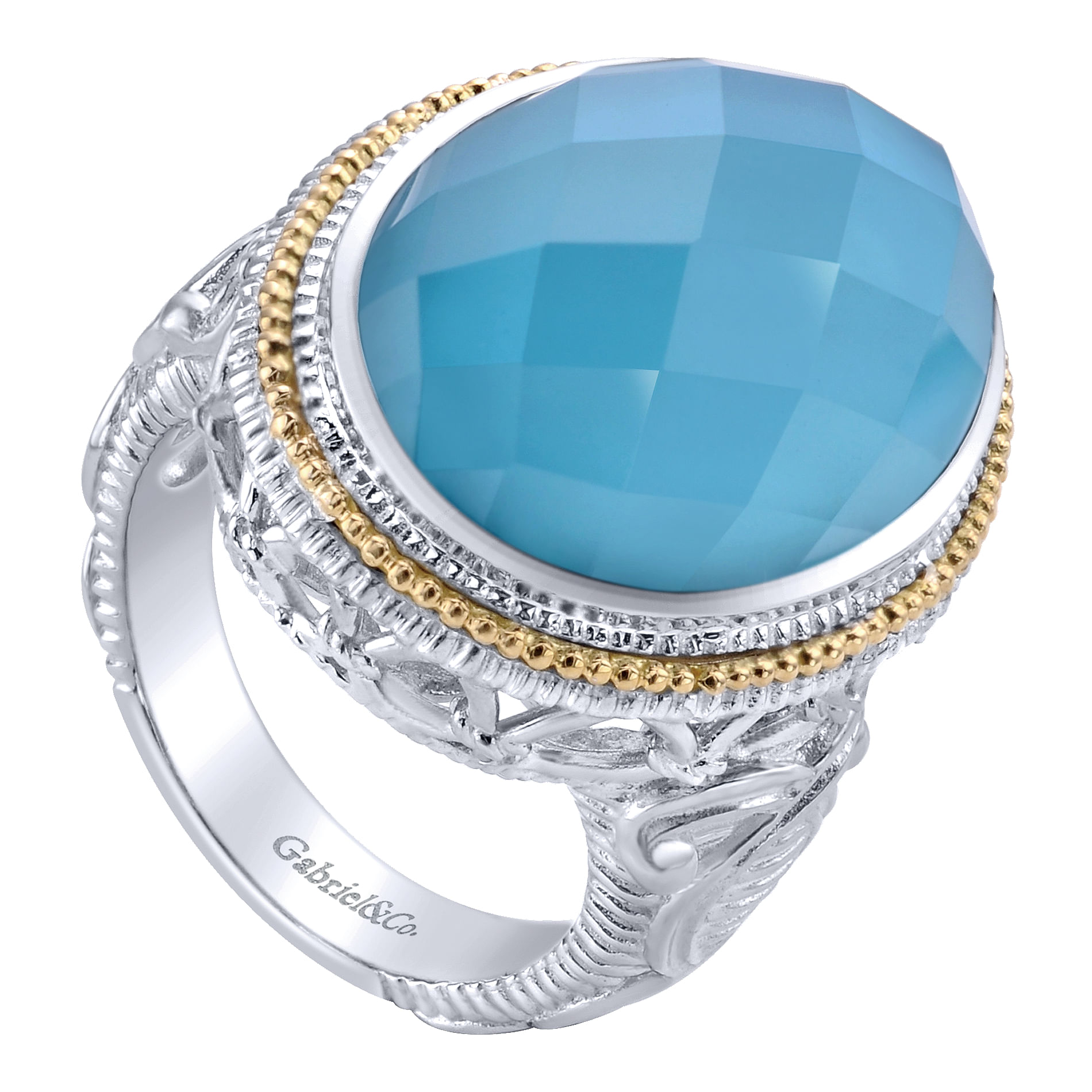 925 Sterling Silver and 18K Yellow Gold Oval Rock Crystal/Turquoise Ring