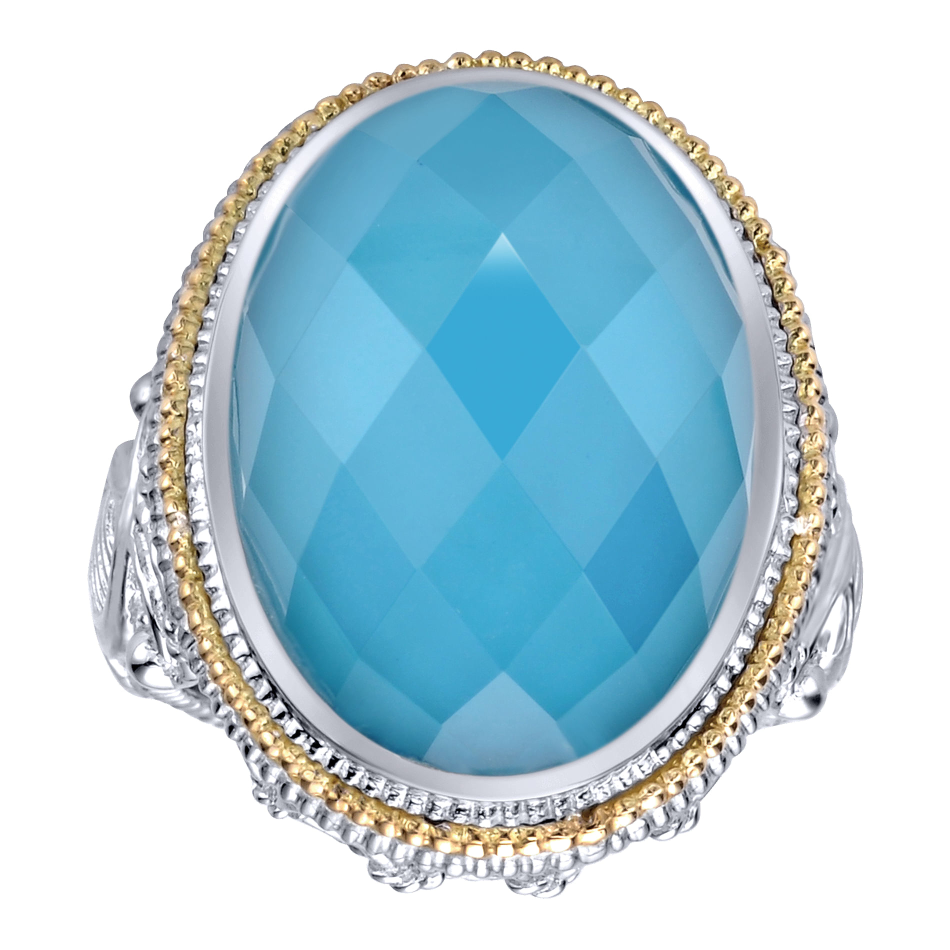 925 Sterling Silver and 18K Yellow Gold Oval Rock Crystal/Turquoise Ring
