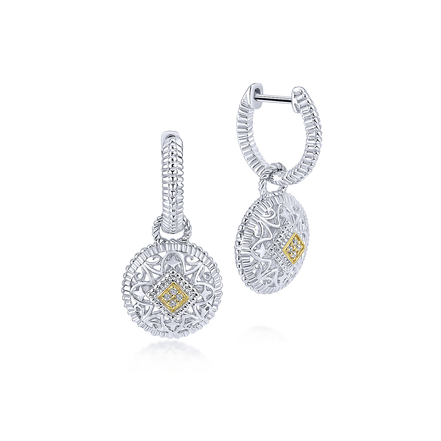 925 Sterling Silver and 18K Yellow Gold Vintage Inspired Round Diamond Drop Earrings