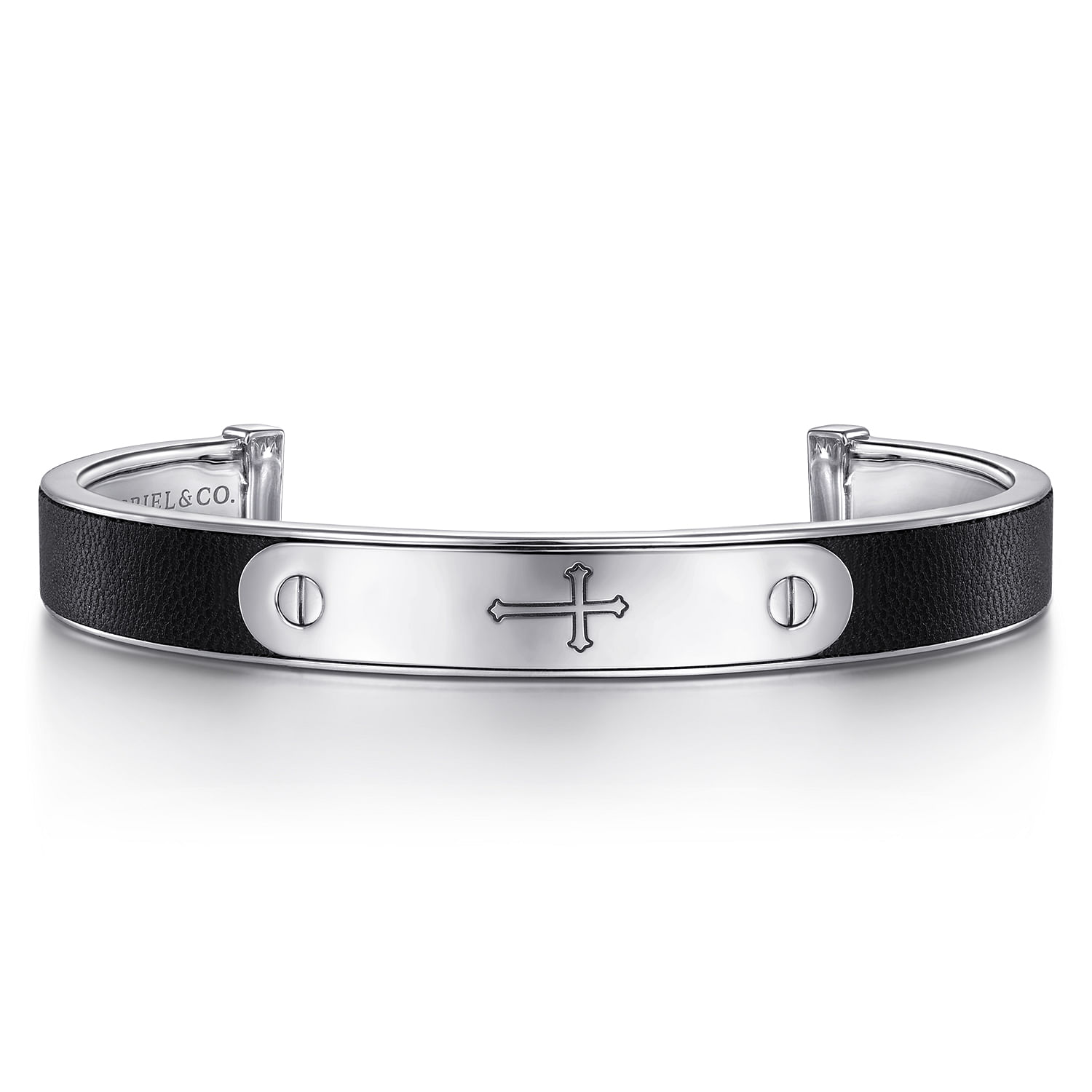 925 Sterling Silver and Leather Cross ID Cuff Bracelet