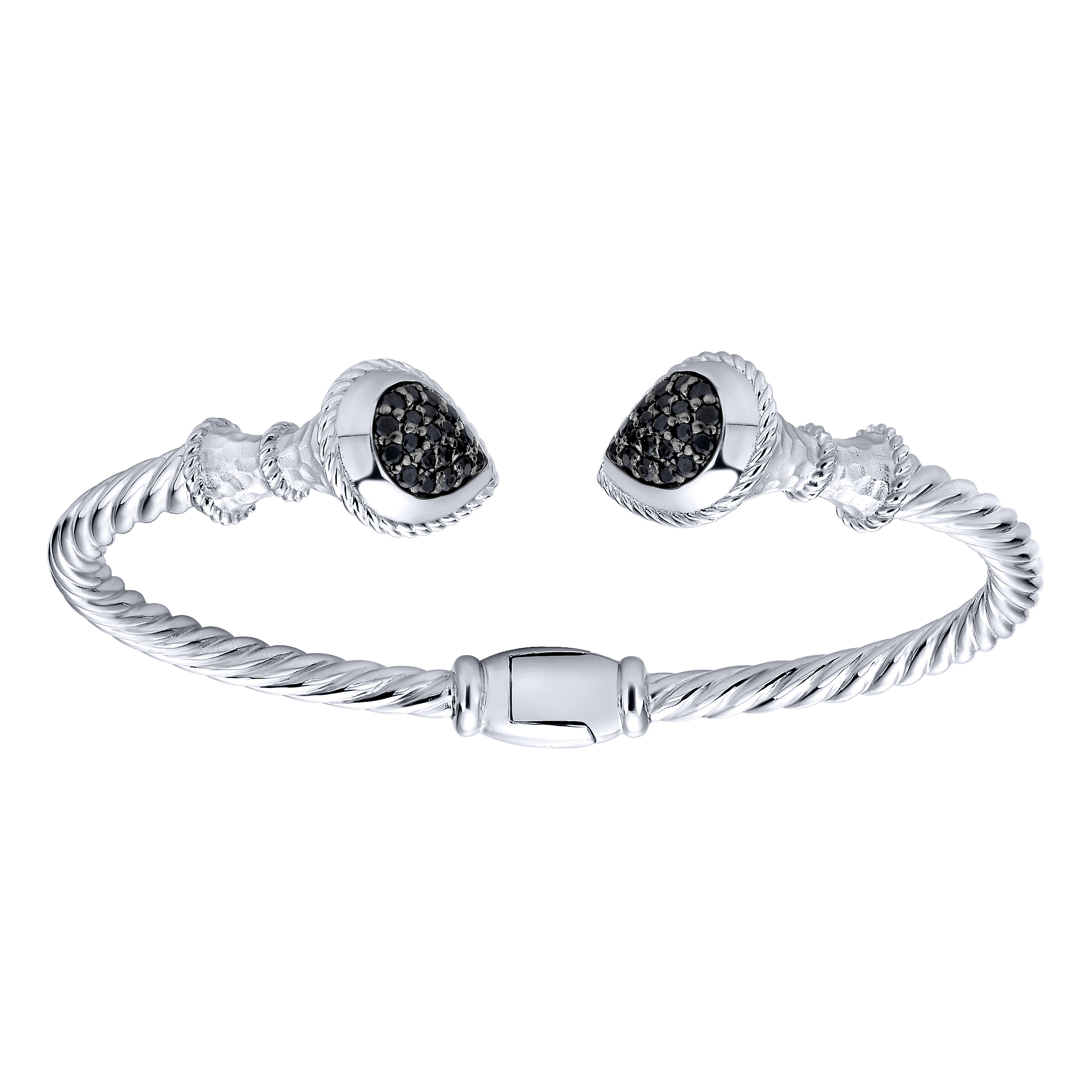 925 Sterling Silver and Stainless Steel Black Spinel Pavé Open Bangle