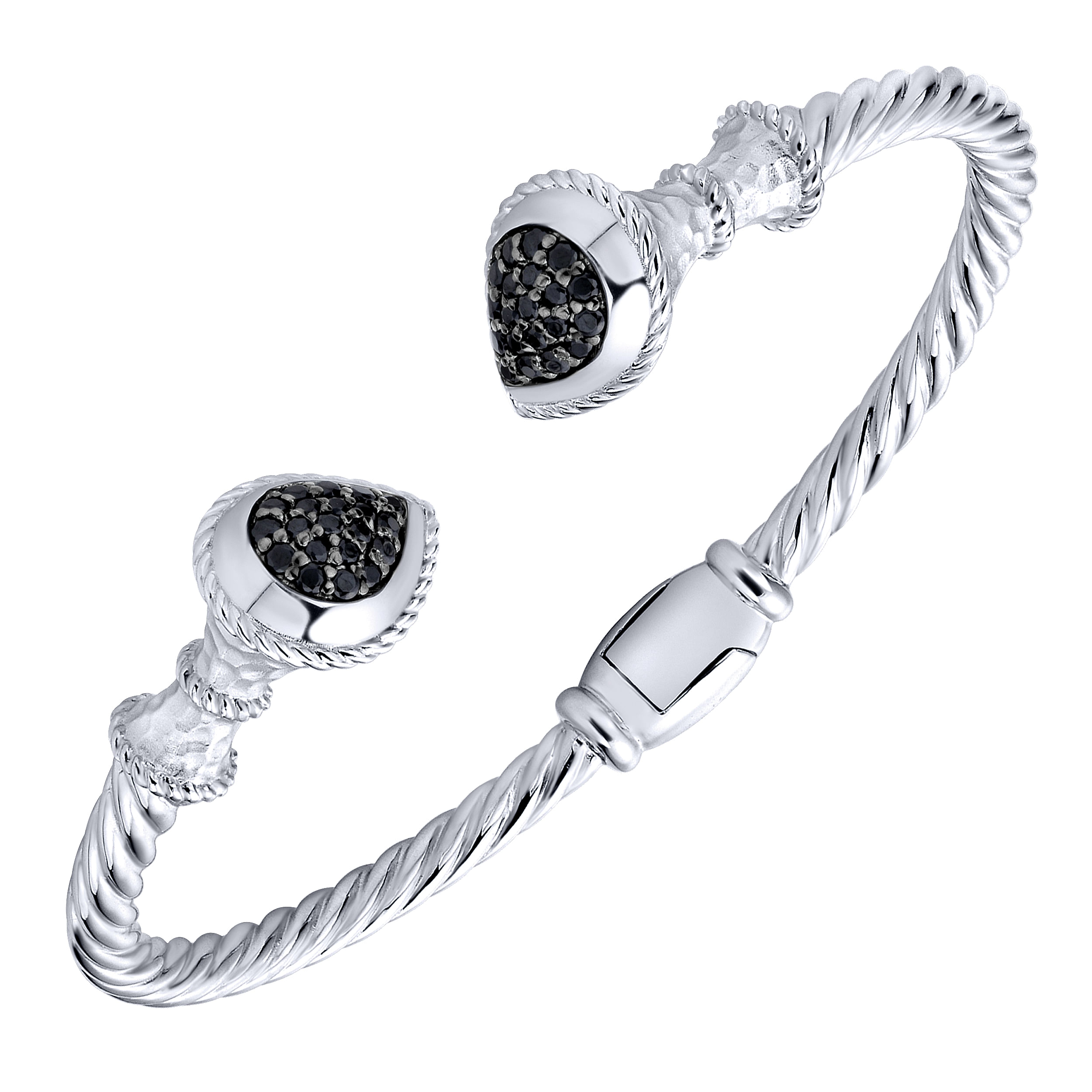 925 Sterling Silver and Stainless Steel Black Spinel Pavé Open Bangle