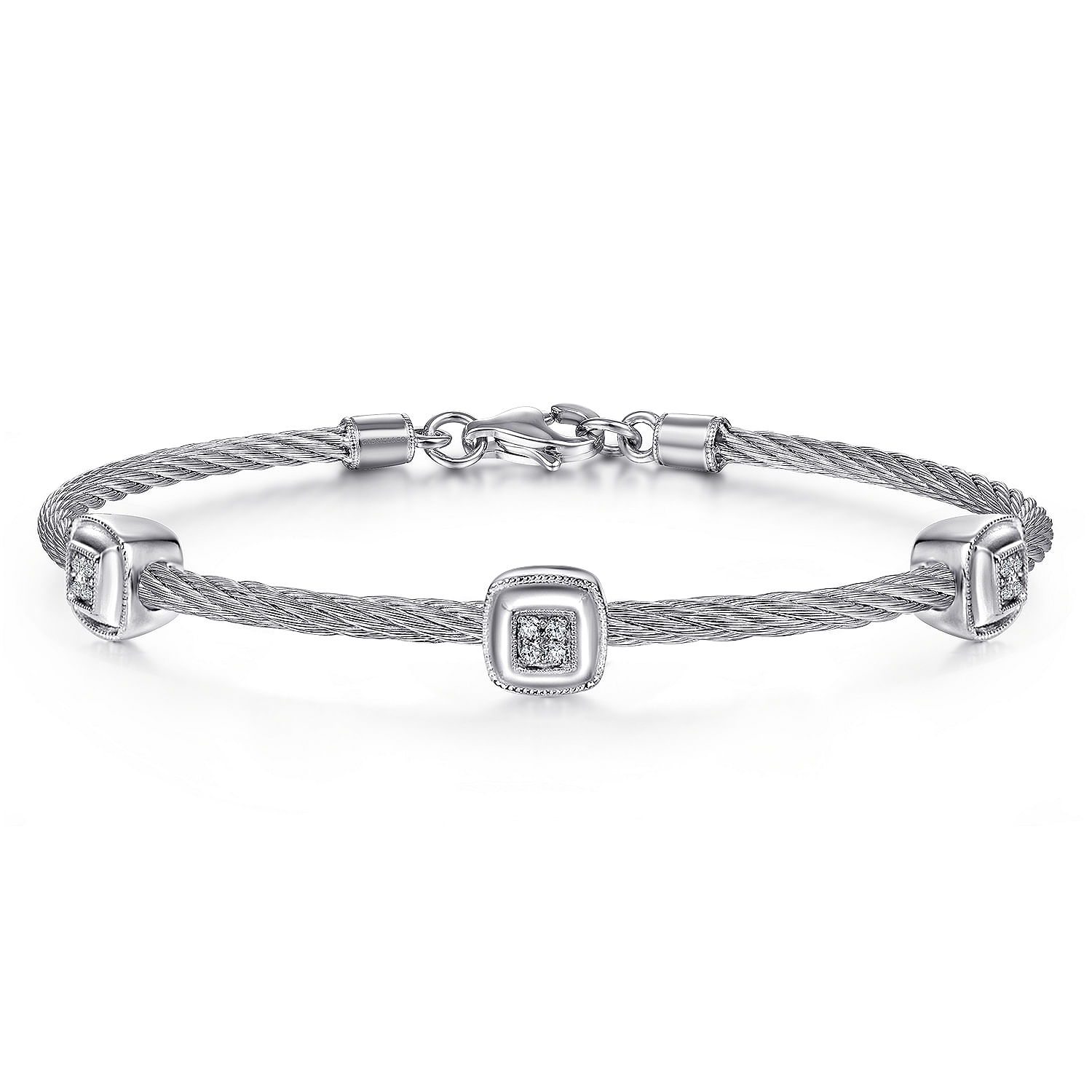 925 Sterling Silver and Stainless Steel Twisted Cable Bangle with 3 Square Cluster Diamond Stations