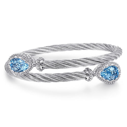 925 Sterling Silver and Stainless Steel Twisted Cable Sky Blue Topaz Bypass Bangle