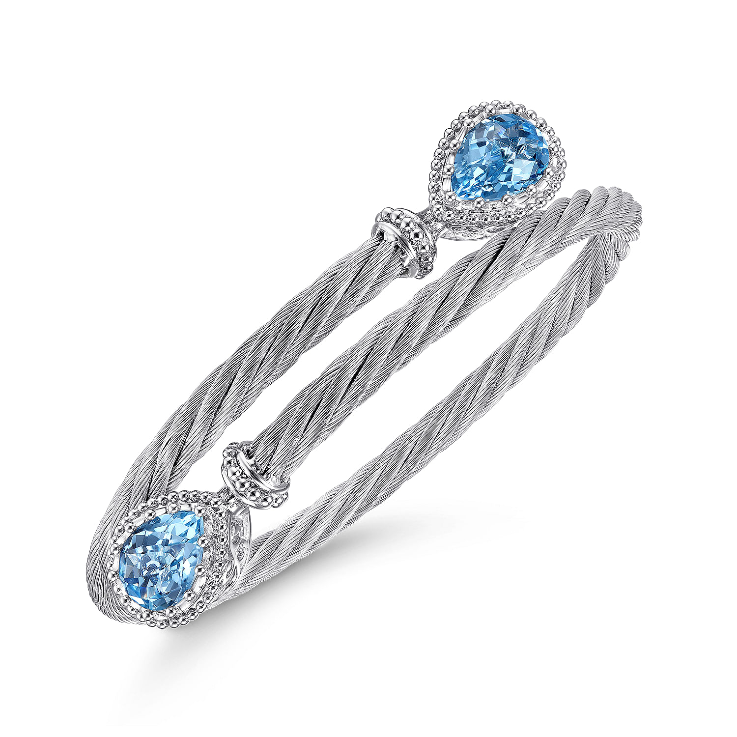 925 Sterling Silver and Stainless Steel Twisted Cable Sky Blue Topaz Bypass Bangle
