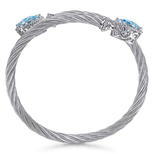 925 Sterling Silver and Stainless Steel Twisted Cable Sky Blue Topaz Bypass Bangle