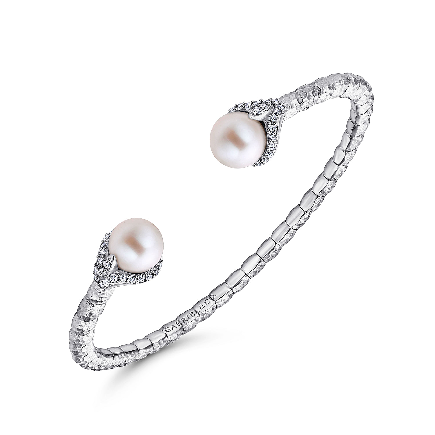 925 Sterling Silver and Stainless Steel White Sapphire and Pearl Split Cuff 