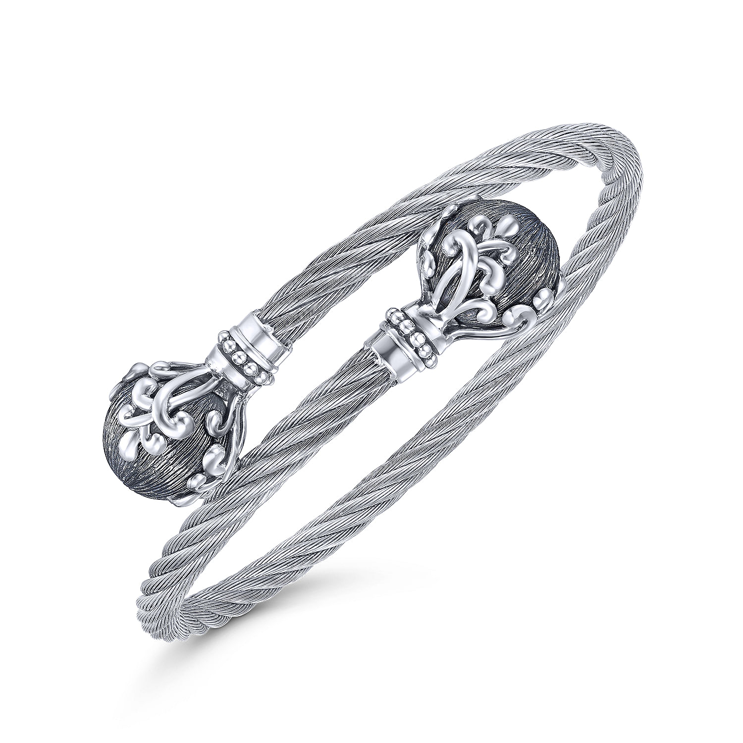 925 Sterling Silver and Twisted Cable Stainless Steel Bypass Bangle with Floral Detail