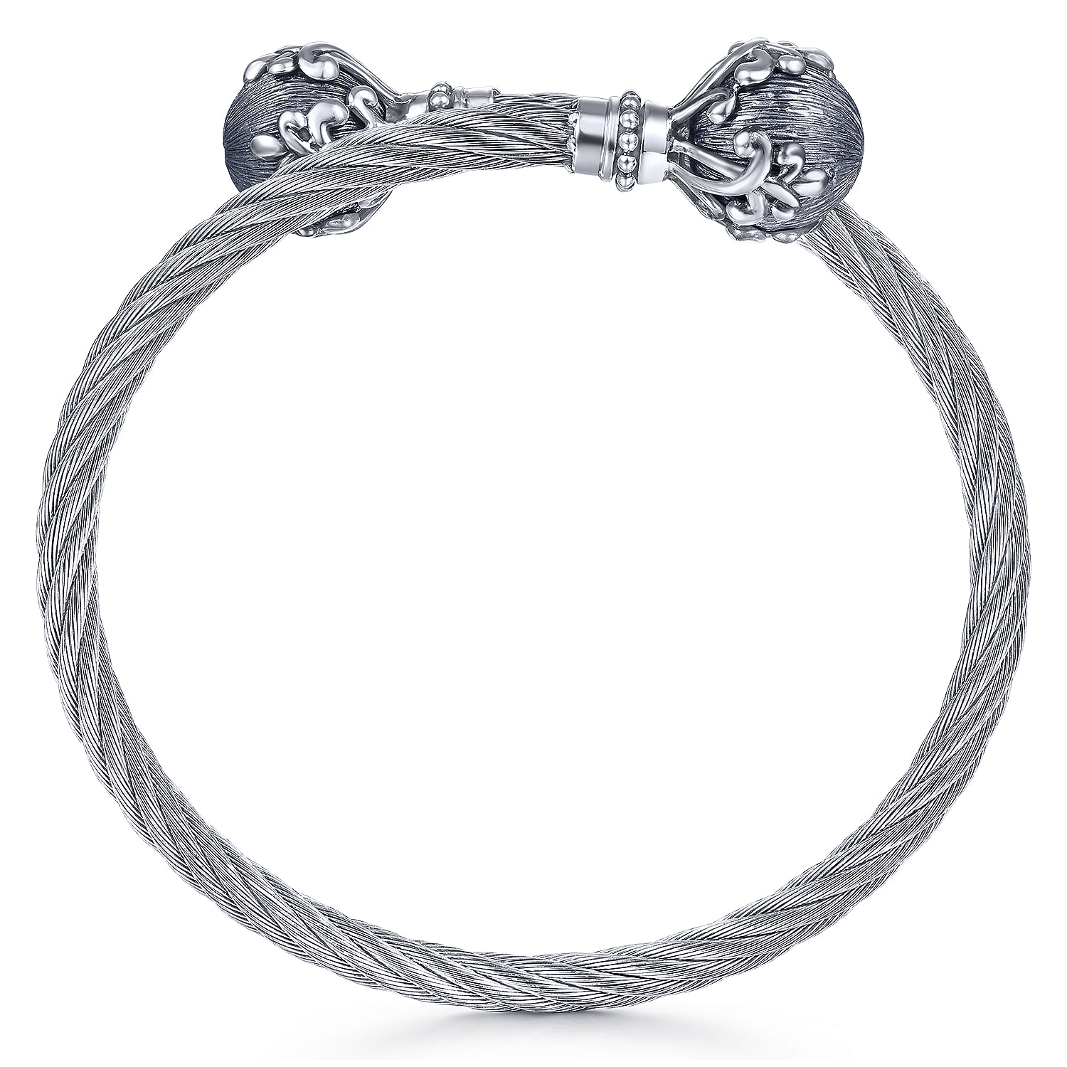 925 Sterling Silver and Twisted Cable Stainless Steel Bypass Bangle with Floral Detail