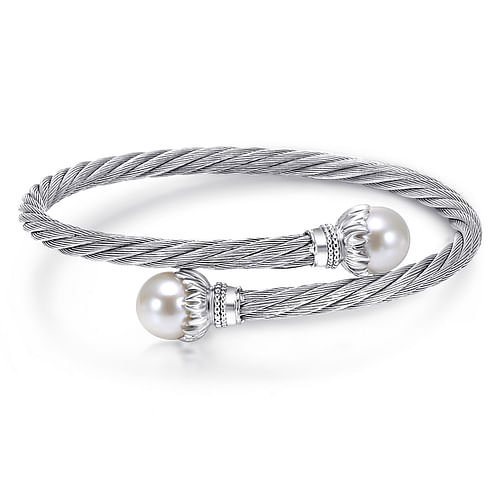 925 Sterling Silver and Twisted Cable Stainless Steel Cultured Pearl Bypass Bangle