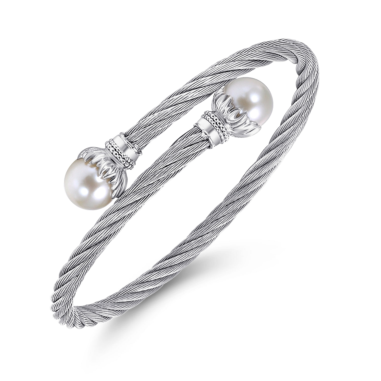 925 Sterling Silver and Twisted Cable Stainless Steel Cultured Pearl Bypass Bangle