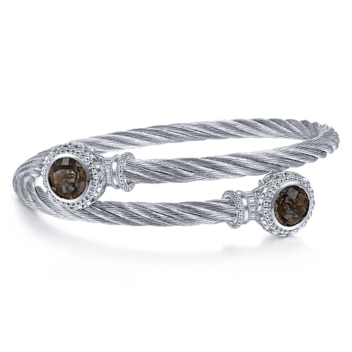 925 Sterling Silver and Twisted Cable Stainless Steel Smoky Quartz Stone Bypass Bangle