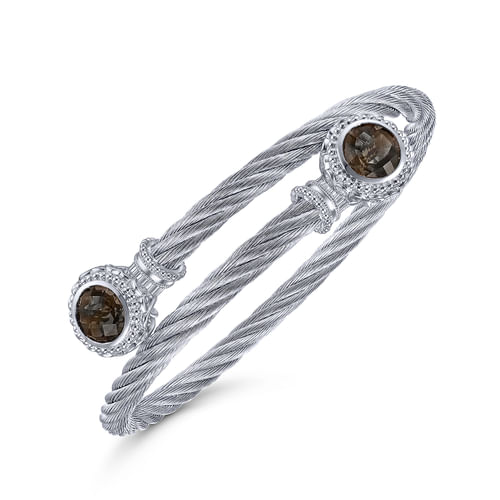 925 Sterling Silver and Twisted Cable Stainless Steel Smoky Quartz Stone Bypass Bangle