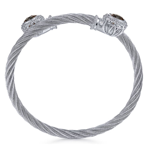 925 Sterling Silver and Twisted Cable Stainless Steel Smoky Quartz Stone Bypass Bangle