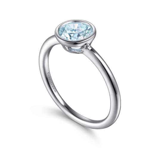 926 Sterling Silver Bezel Set Aquamarine Solitaire Promise Ring