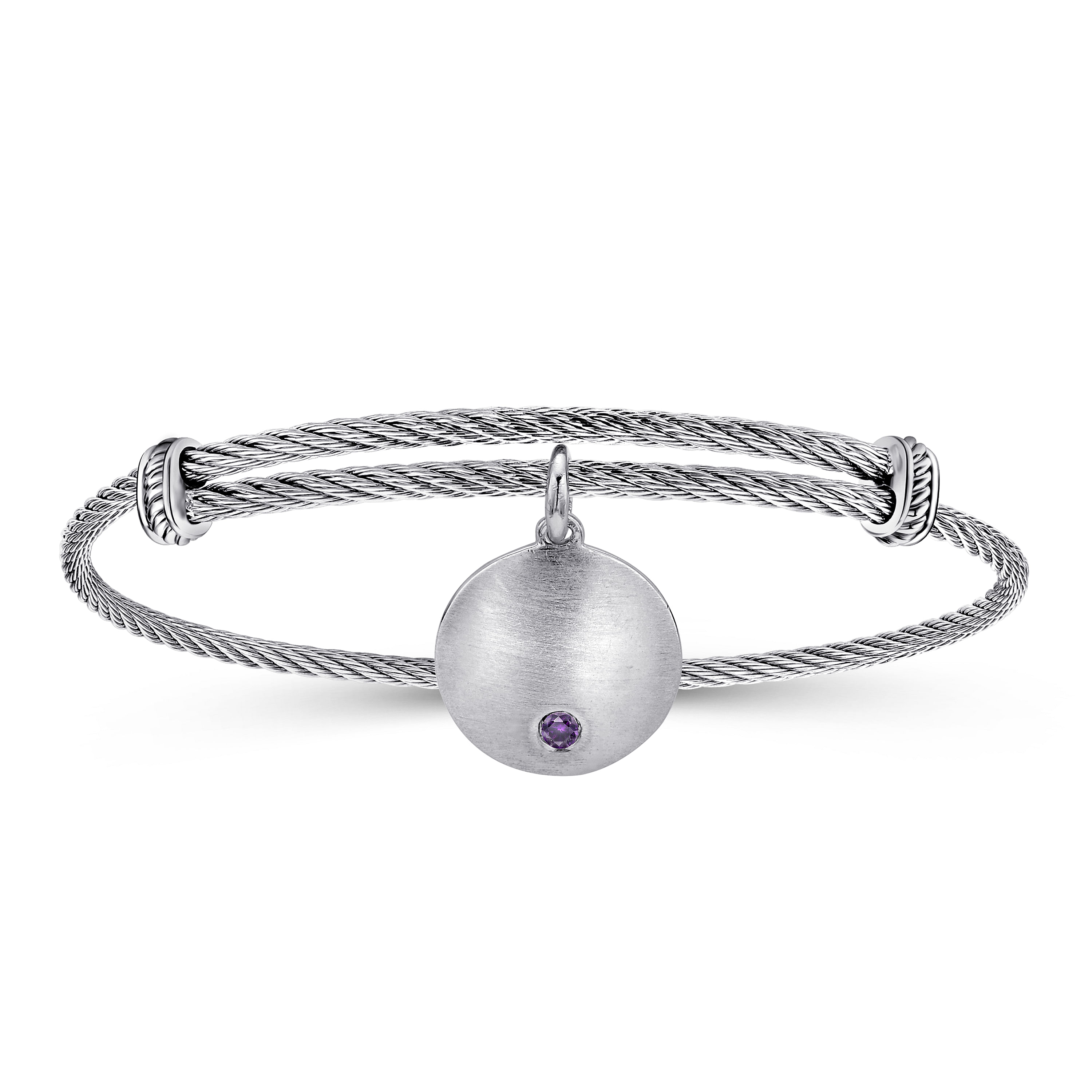 Adjustable Stainless Steel Bangle with Round Sterling Silver Amethyst Stone Disc Charm