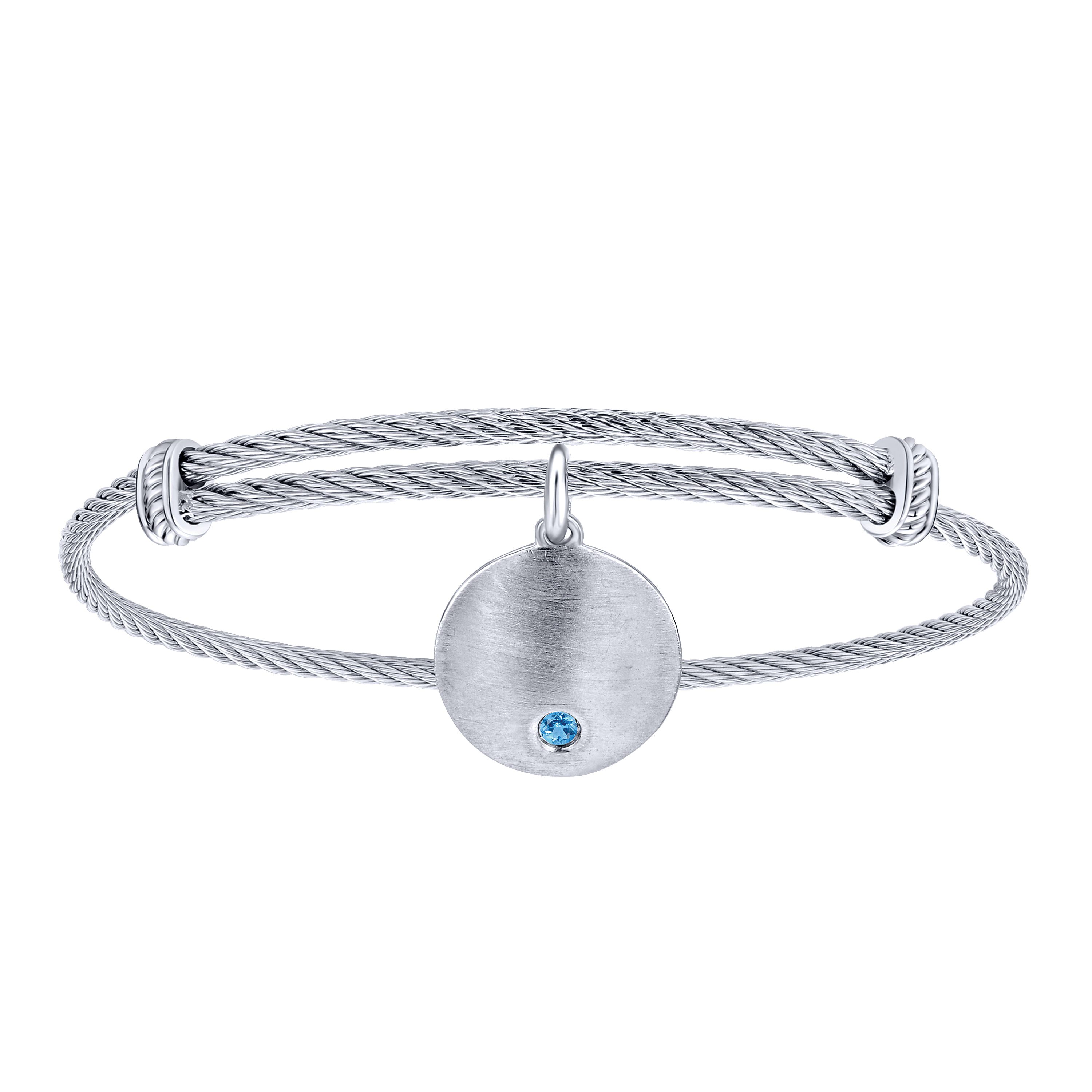 Adjustable Stainless Steel Bangle with Round Sterling Silver Blue Topaz Stone Disc Charm