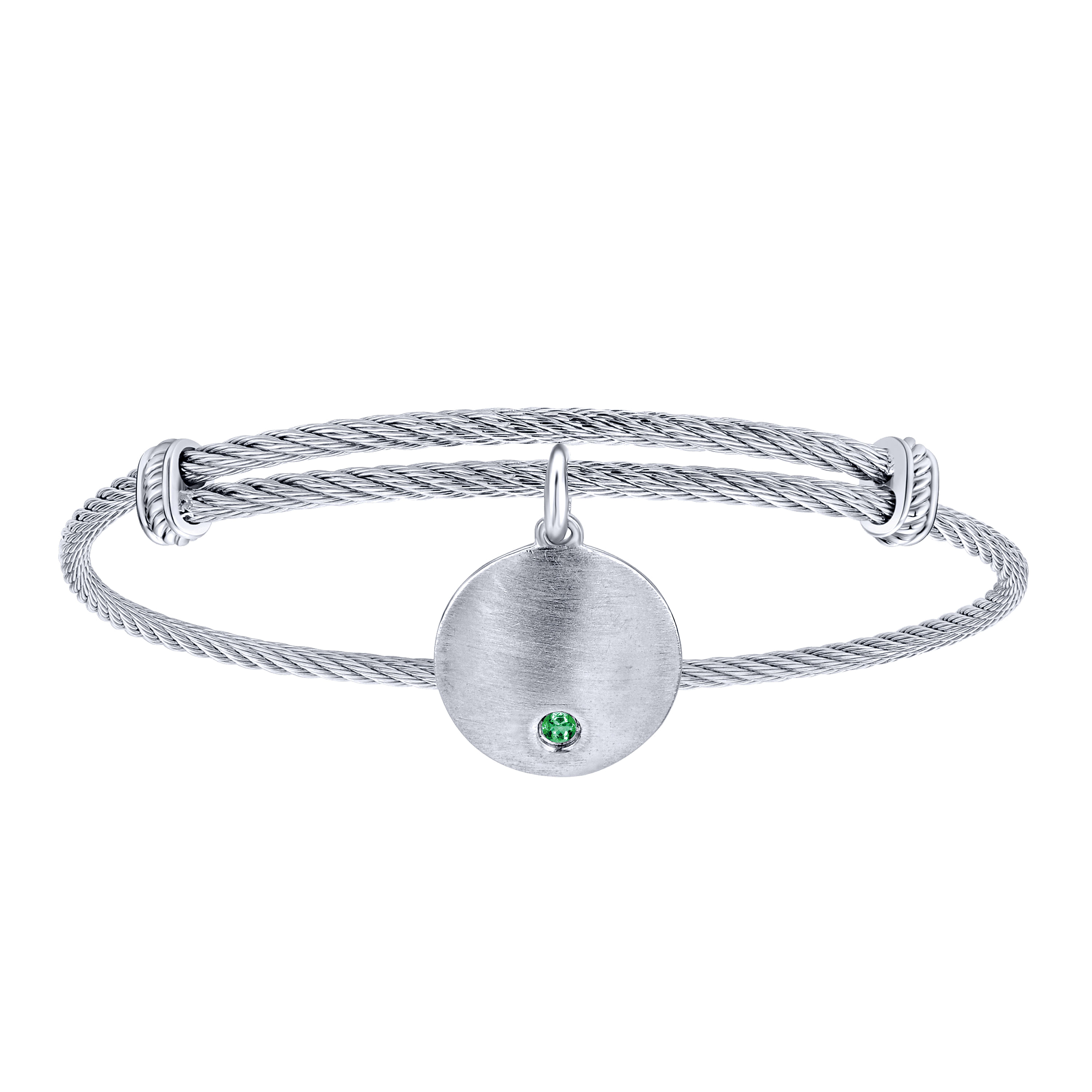 Adjustable Stainless Steel Bangle with Round Sterling Silver Emerald Stone Disc Charm
