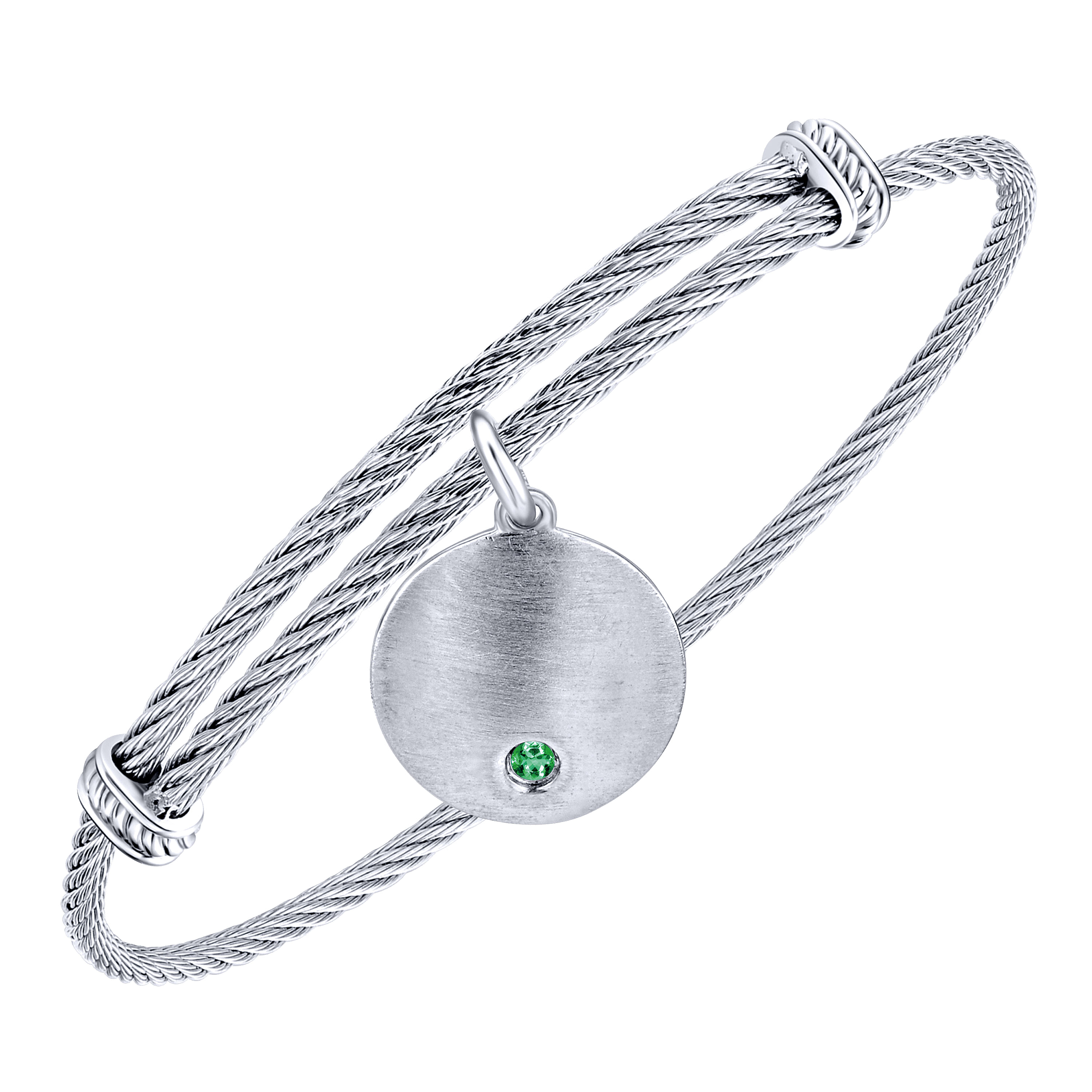 Adjustable Stainless Steel Bangle with Round Sterling Silver Emerald Stone Disc Charm