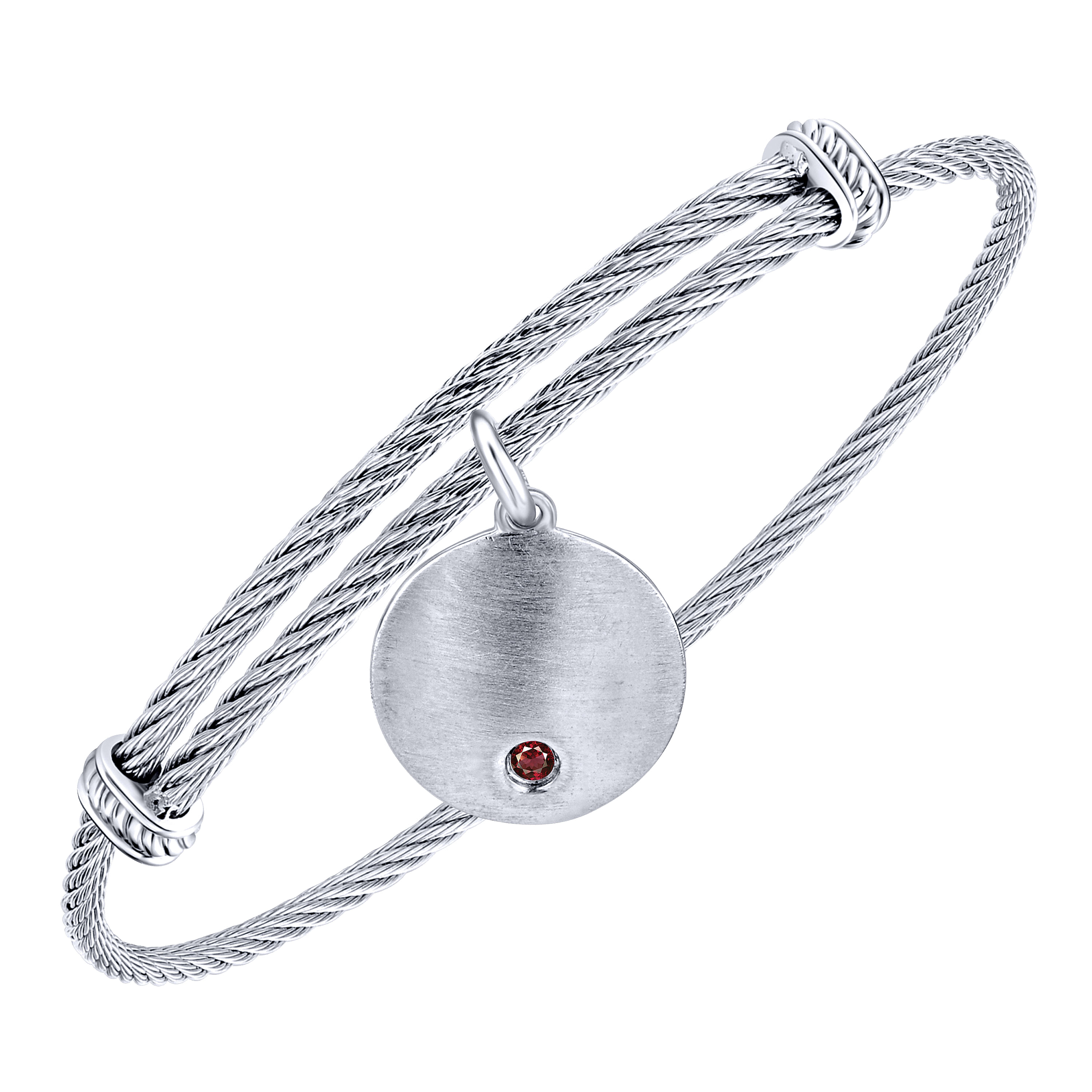 Adjustable Stainless Steel Bangle with Round Sterling Silver Garnet Stone Disc Charm