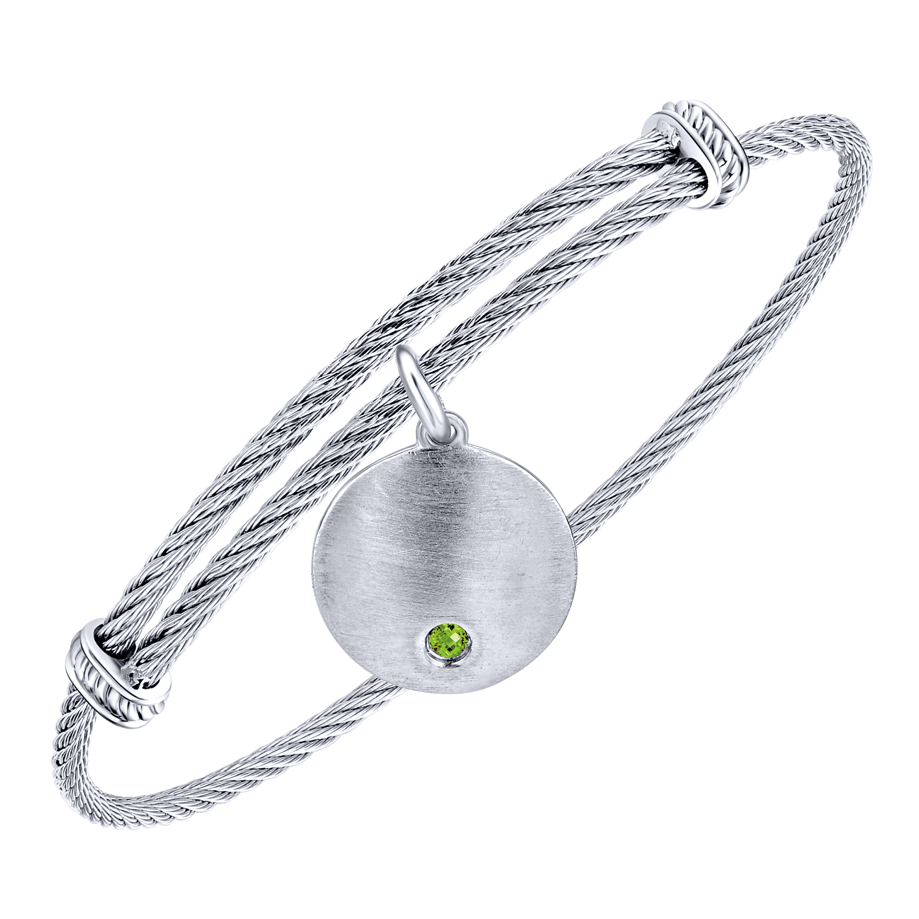 Adjustable Stainless Steel Bangle with Round Sterling Silver Peridot Stone Disc Charm