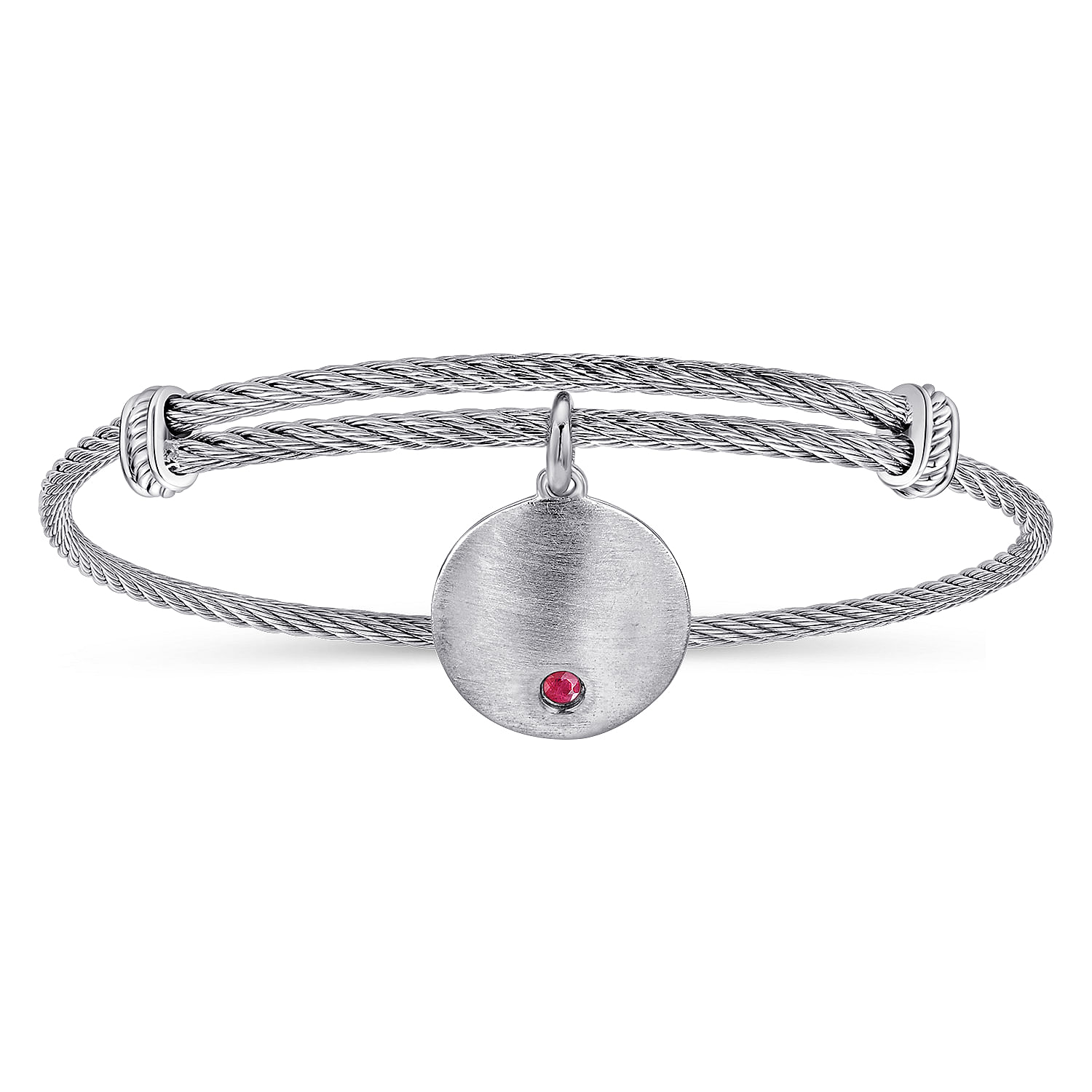 Adjustable Stainless Steel Bangle with Round Sterling Silver Ruby Stone Disc Charm