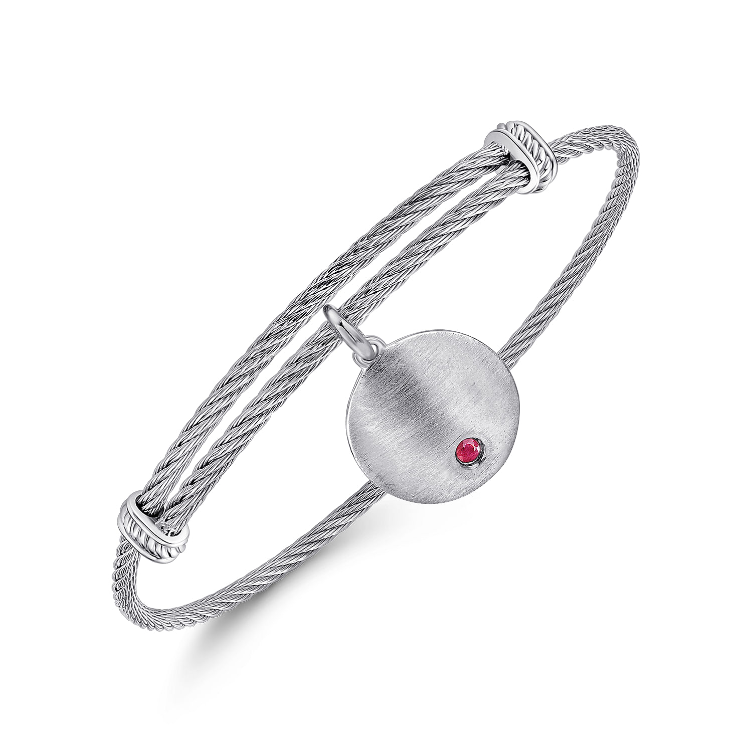 Adjustable Stainless Steel Bangle with Round Sterling Silver Ruby Stone Disc Charm