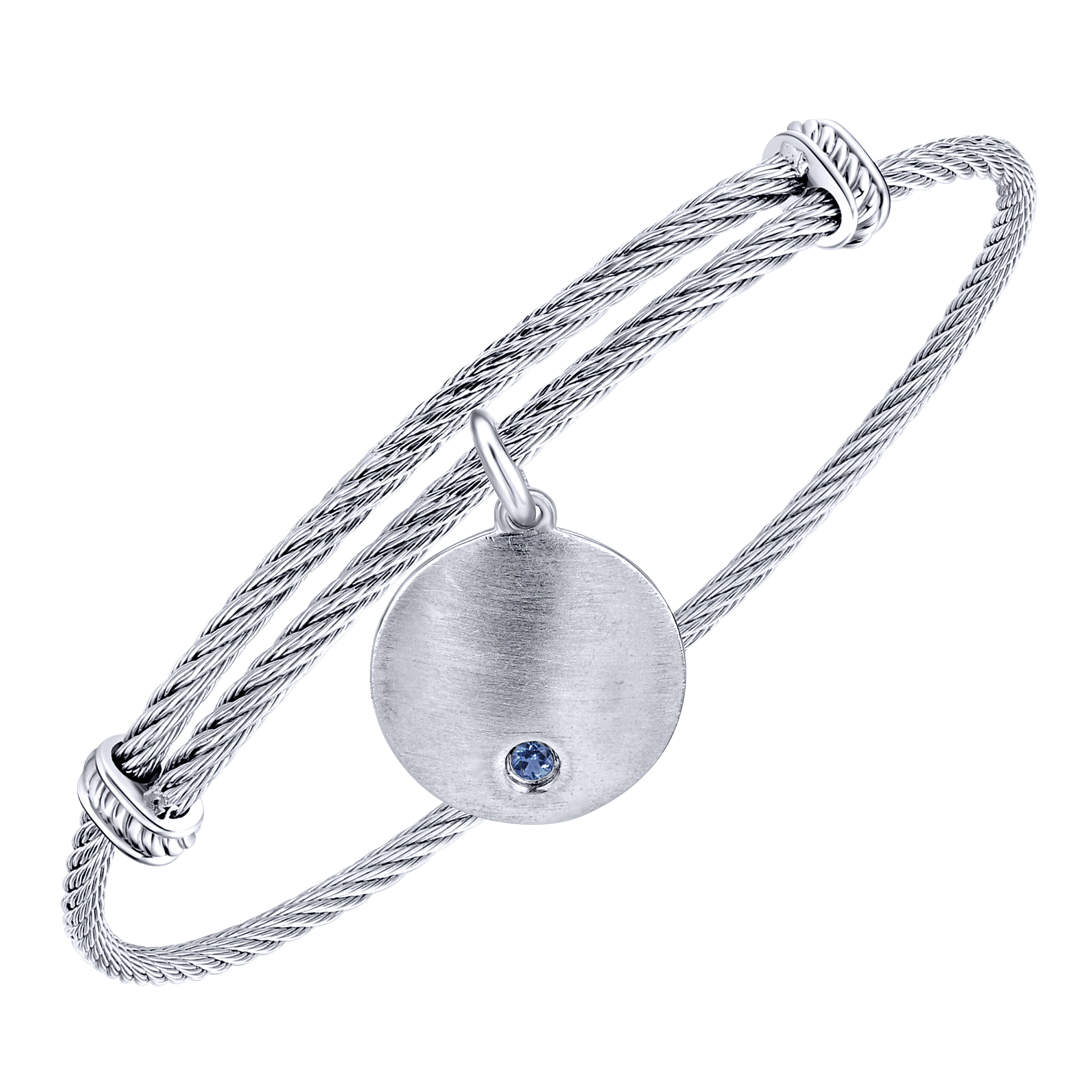 Adjustable Stainless Steel Bangle with Round Sterling Silver Sapphire Stone Disc Charm