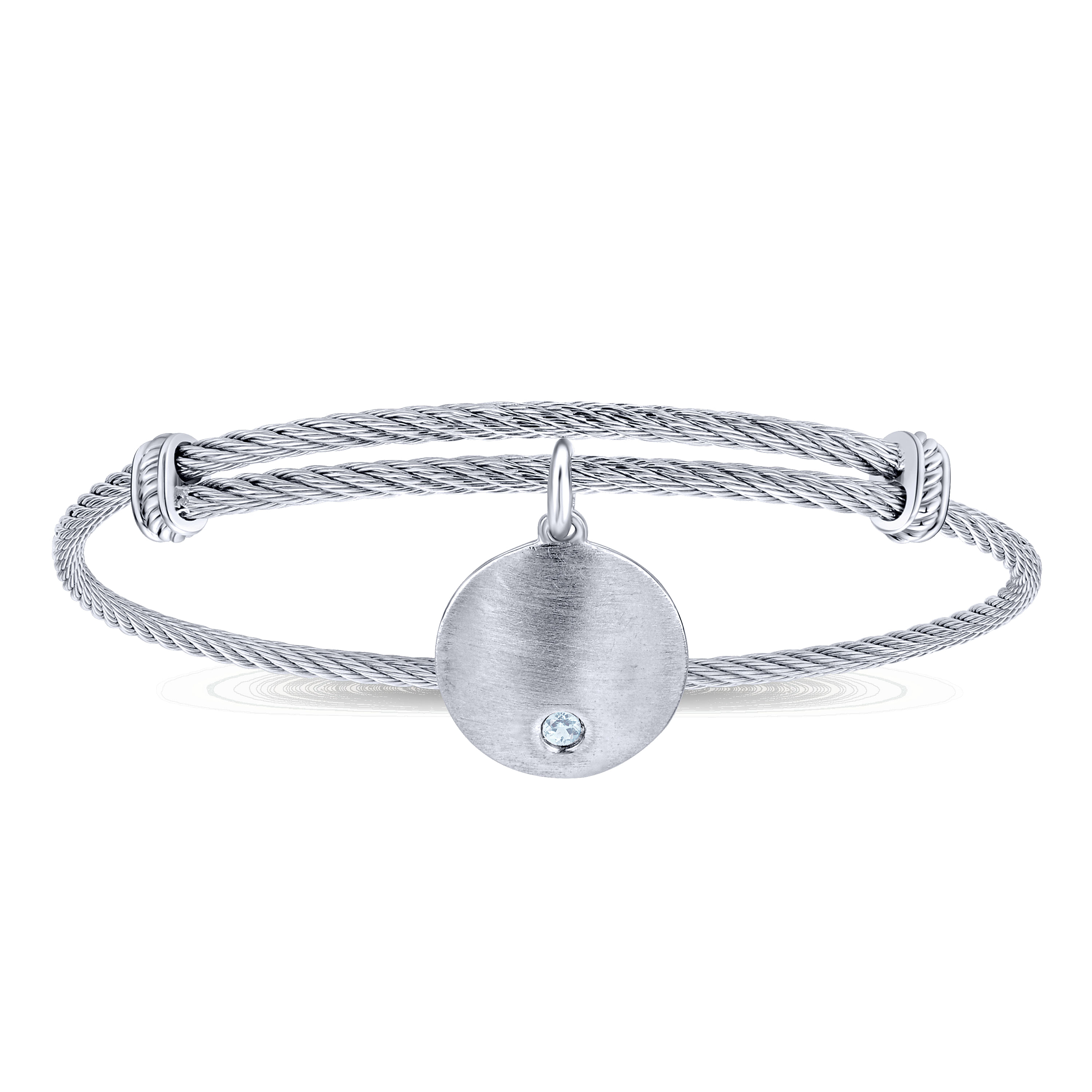 Adjustable Stainless Steel Bangle with Round Sterling Silver Sky Blue Topaz Stone Disc Charm