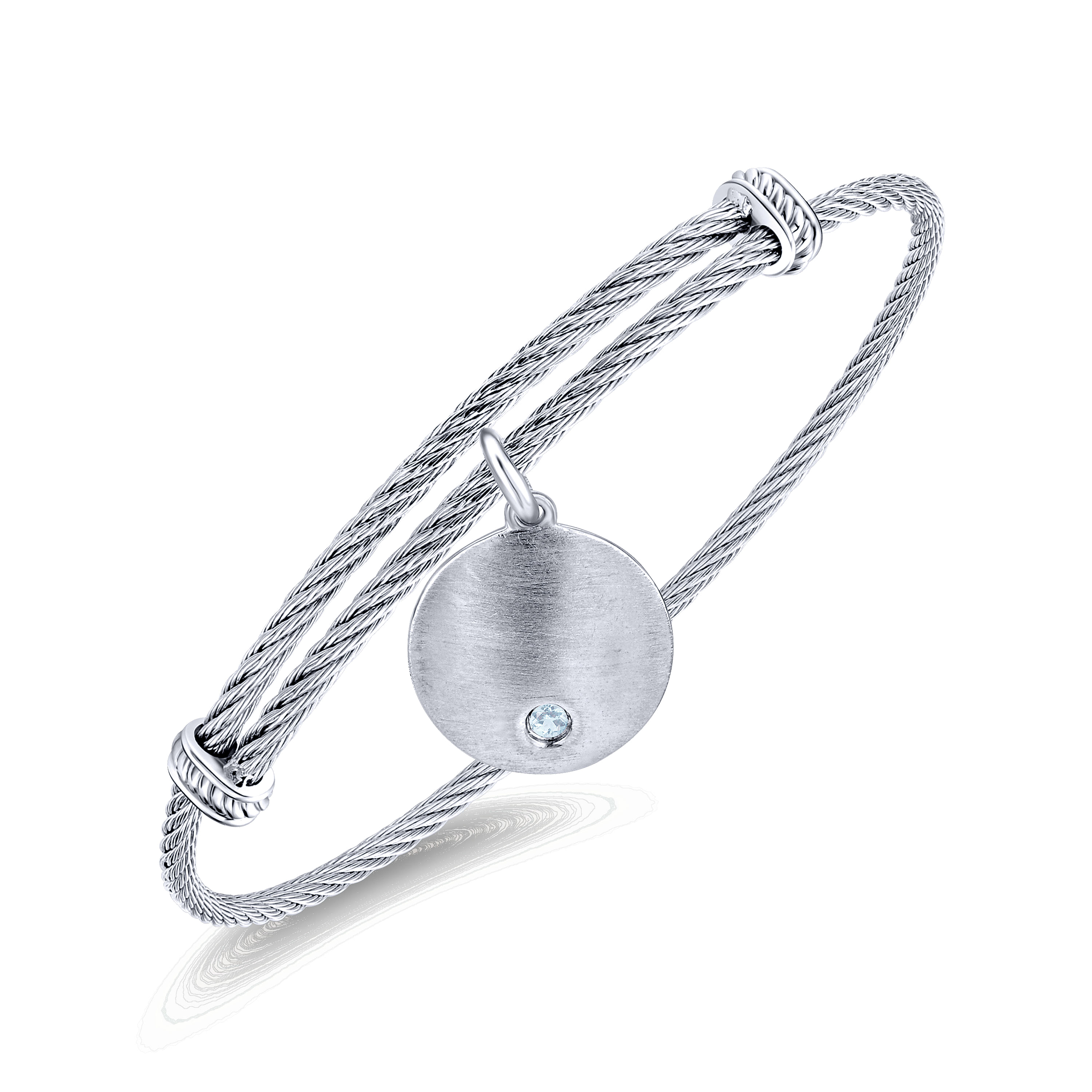 Adjustable Stainless Steel Bangle with Round Sterling Silver Sky Blue Topaz Stone Disc Charm