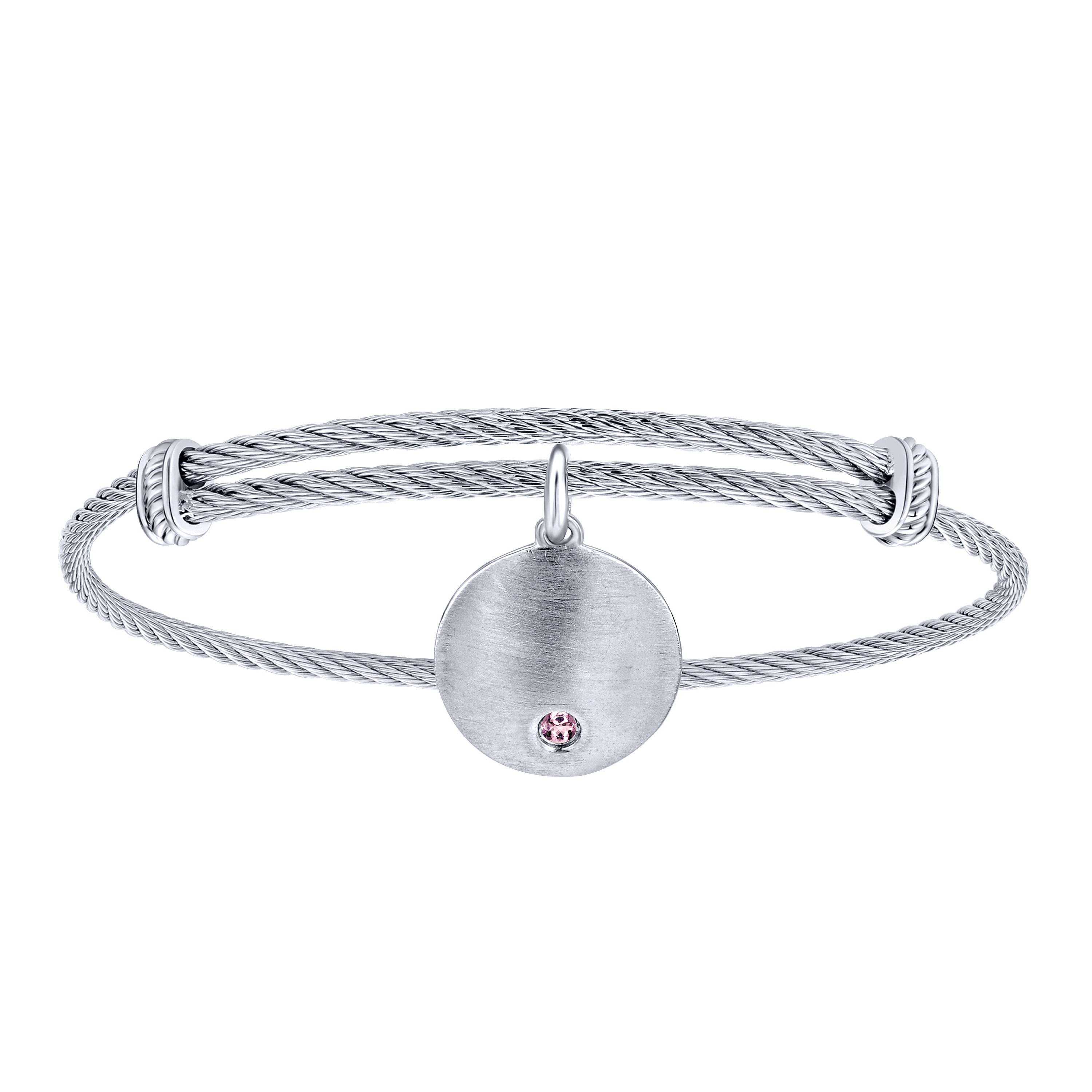 Adjustable Stainless Steel Bangle with Round Sterling Silver Zircon Stone Disc Charm