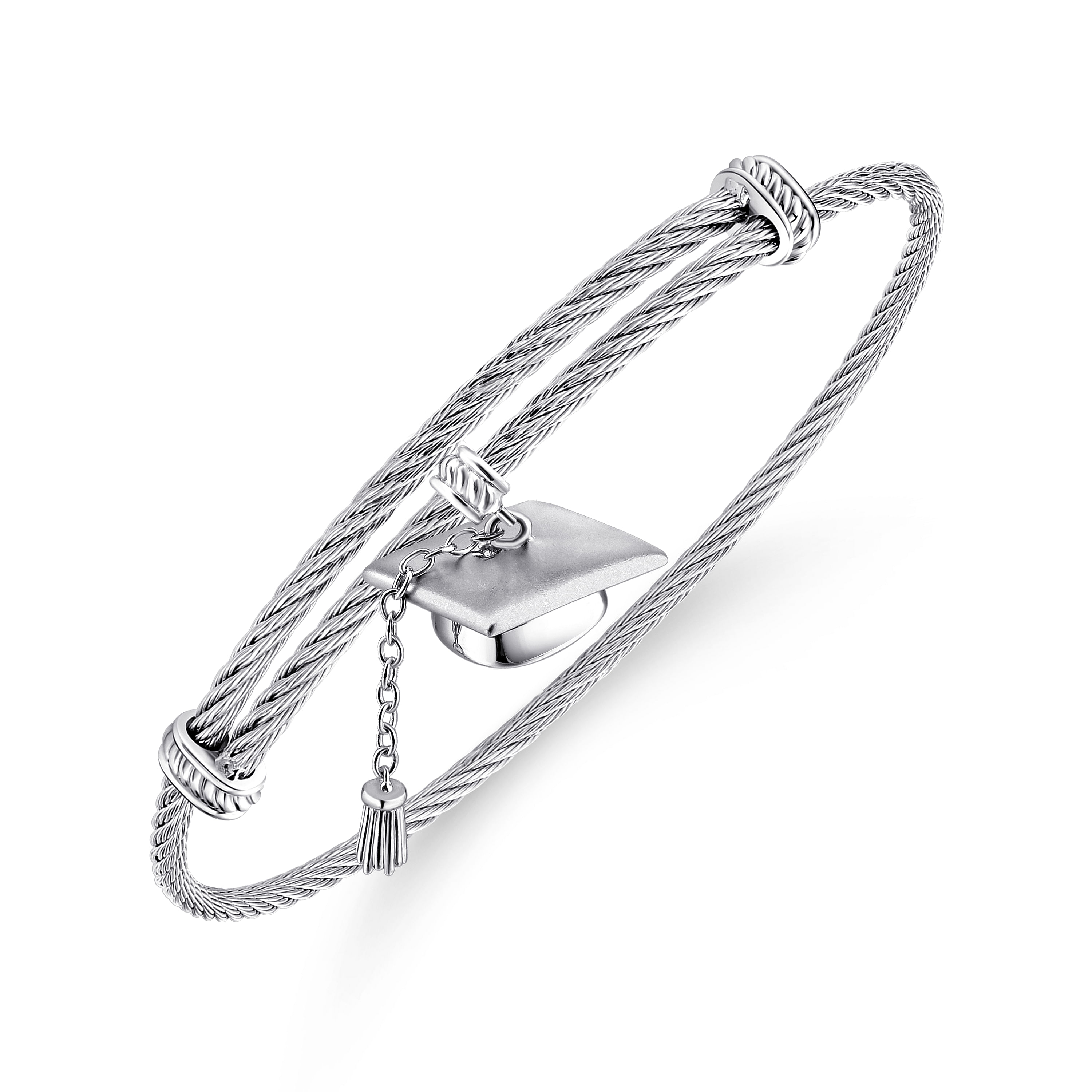 Adjustable Stainless Steel Twisted Cable Bangle with Silver Graduation Cap Charm