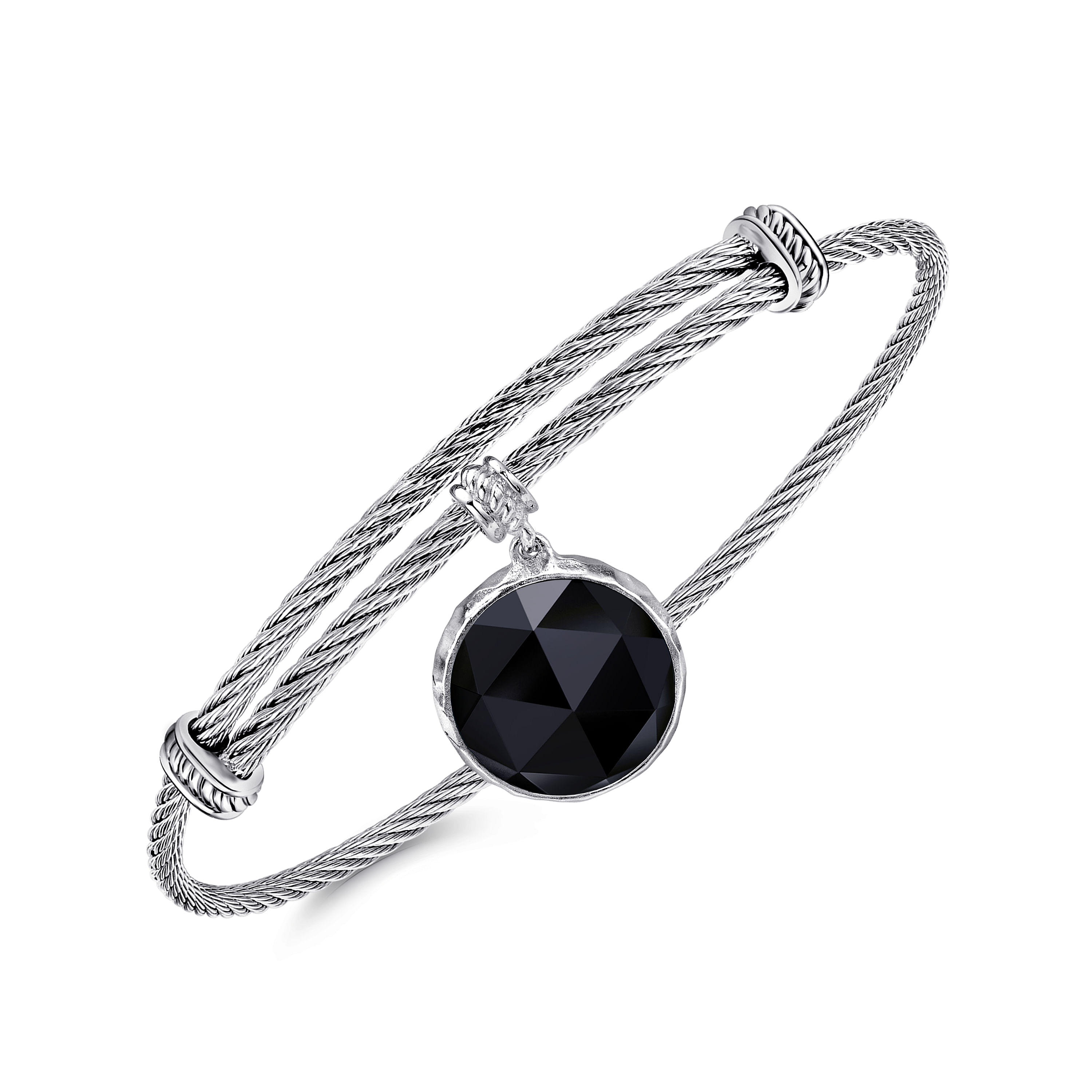 Adjustable Twisted Cable Stainless Steel Bangle with Round Sterling Silver Rock Crystal/Black Onyx Charm