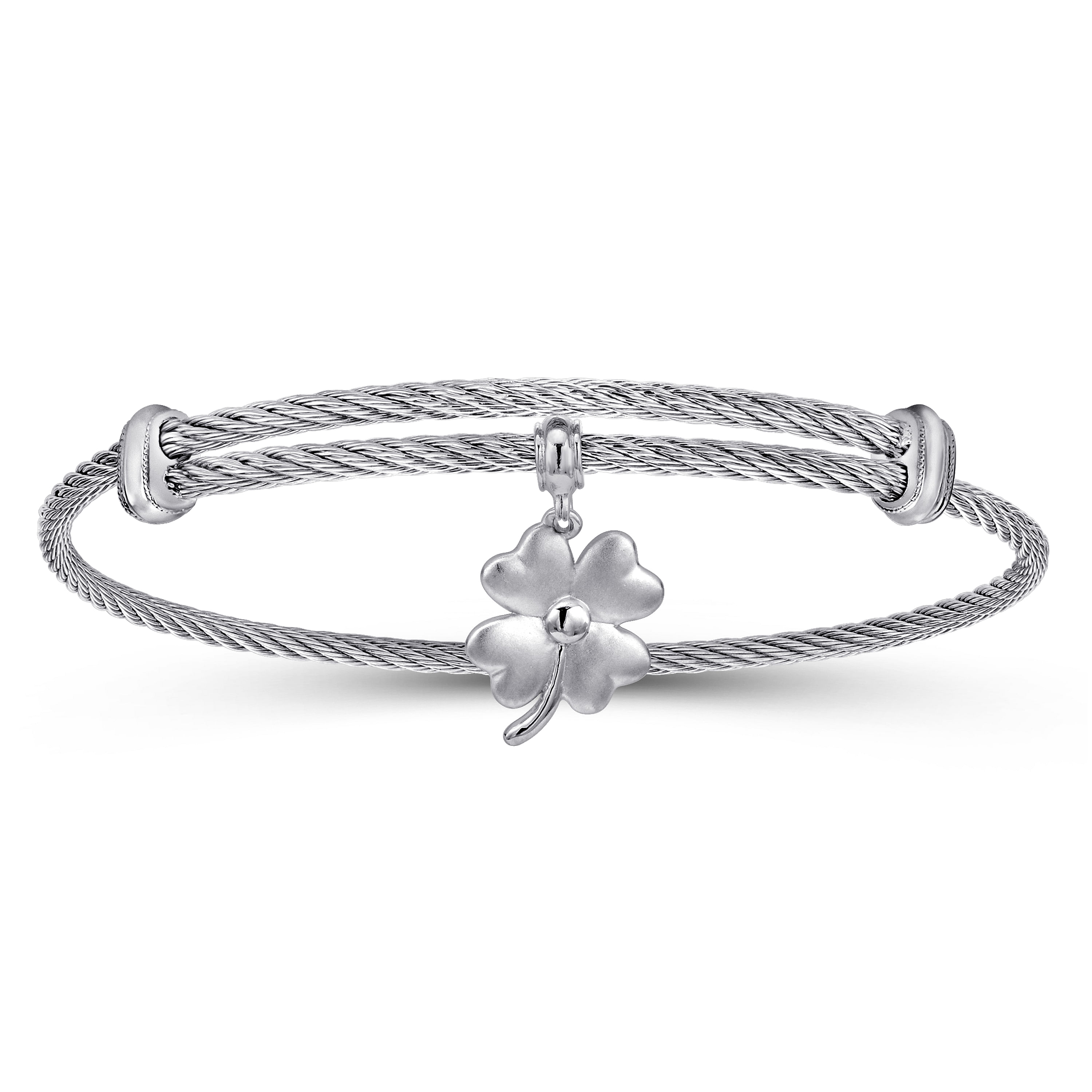 Adjustable Twisted Cable Stainless Steel Bangle with Sterling Silver 4 Leaf Clover Charm