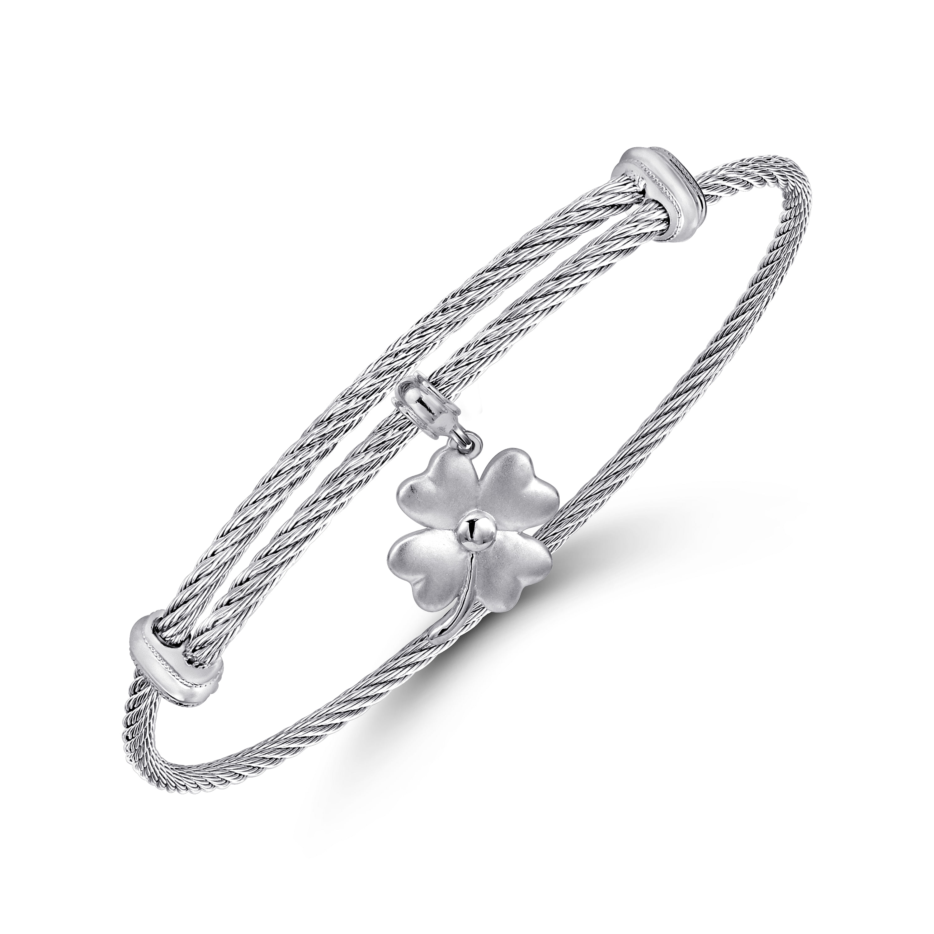 Adjustable Twisted Cable Stainless Steel Bangle with Sterling Silver 4 Leaf Clover Charm