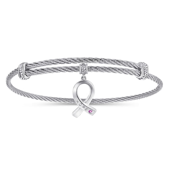 Adjustable Twisted Cable Stainless Steel Bangle with Sterling Silver Amethyst Breast Cancer Charm Adjustable Twisted Cable Stainless Steel Bangle with Sterling Silver Amethyst Breast Cancer Charm