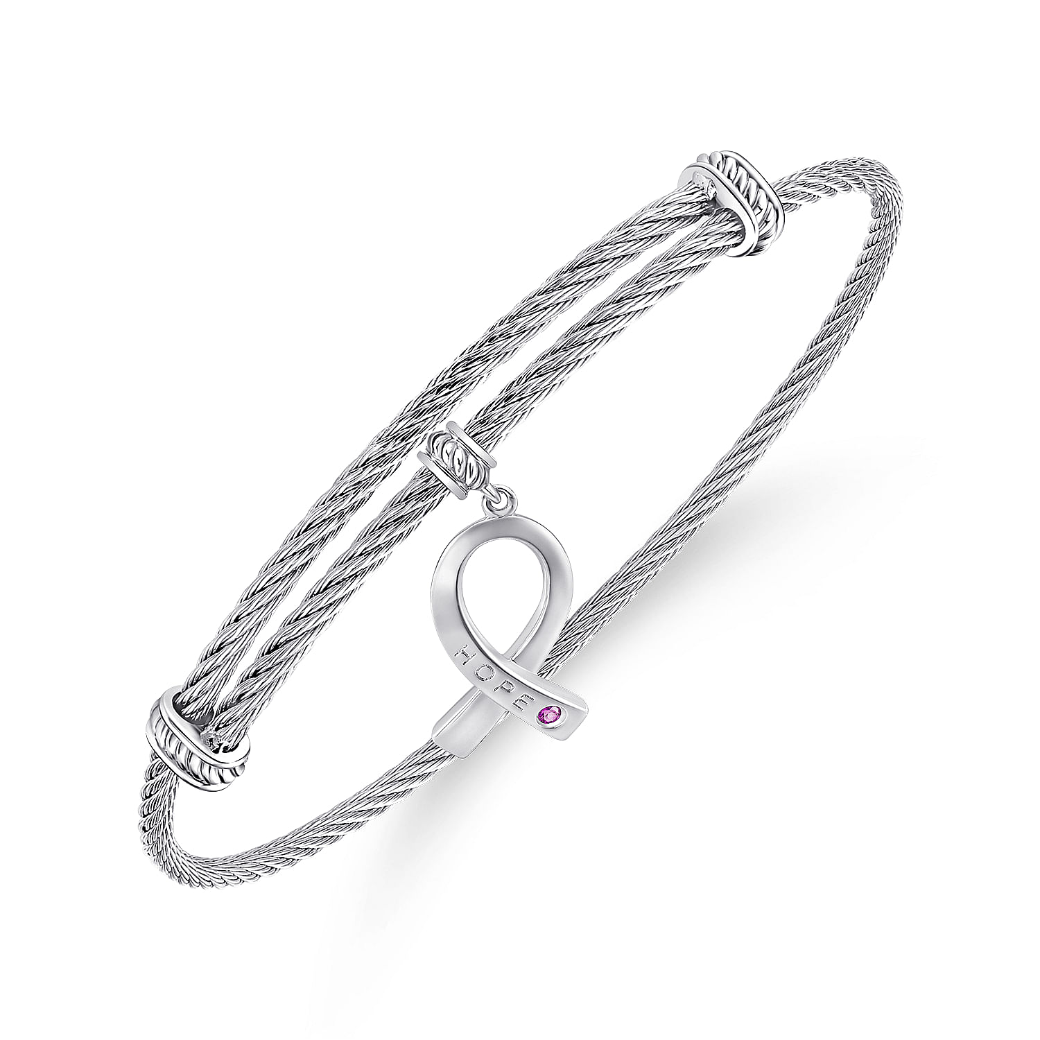 Adjustable Twisted Cable Stainless Steel Bangle with Sterling Silver Amethyst Breast Cancer Charm