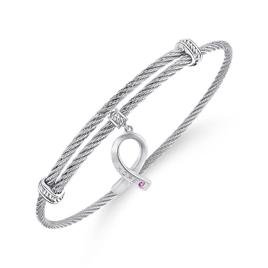 Adjustable Twisted Cable Stainless Steel Bangle with Sterling Silver Amethyst Breast Cancer Charm angle 2 Adjustable Twisted Cable Stainless Steel Bangle with Sterling Silver Amethyst Breast Cancer Charm angle 2